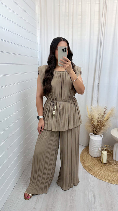 Pleated Tunic and Wide Leg Trousers Co-Ord - DARK BEIGE
