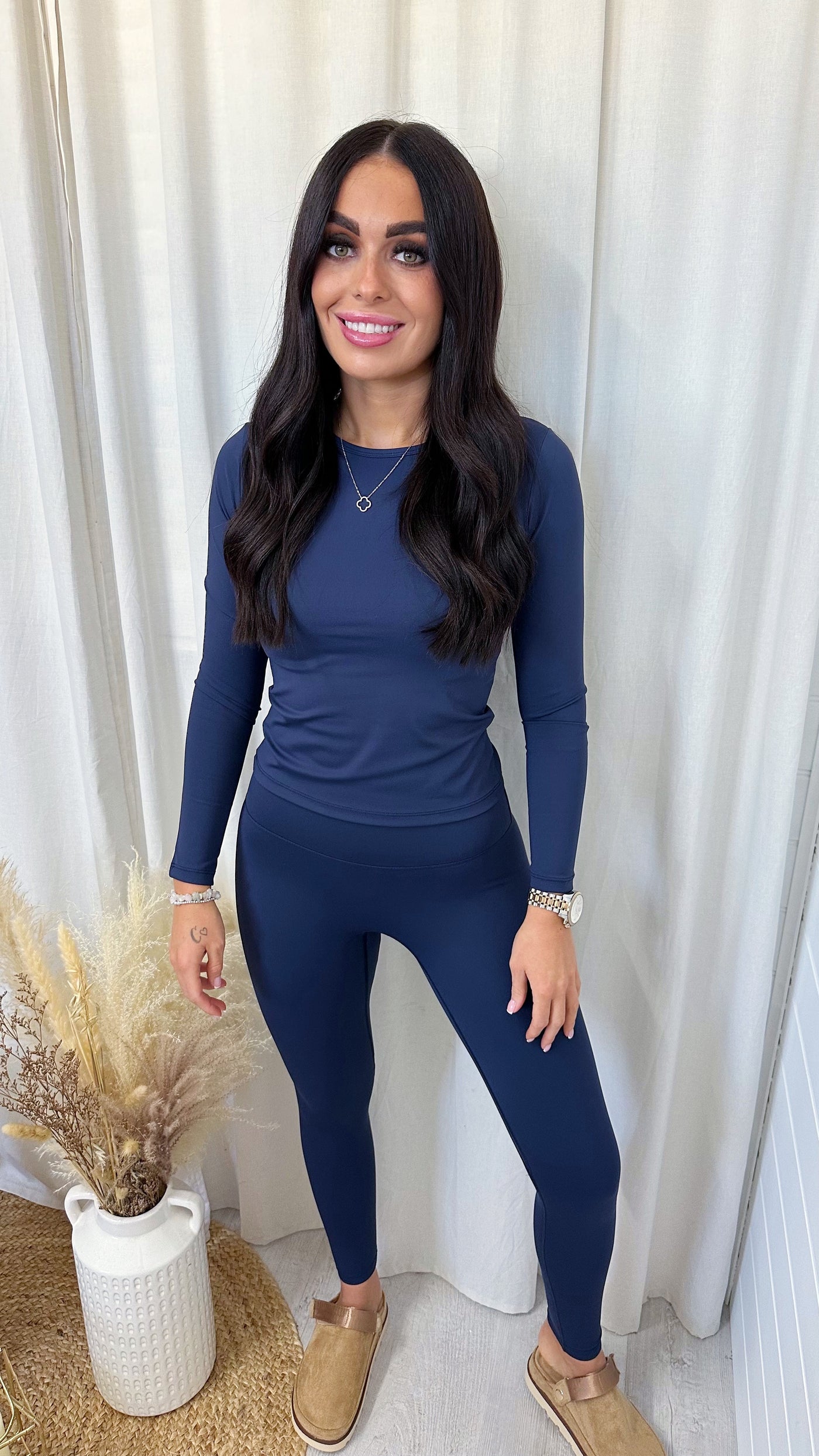 Long Sleeve Top and Leggings Activewear Set - NAVY