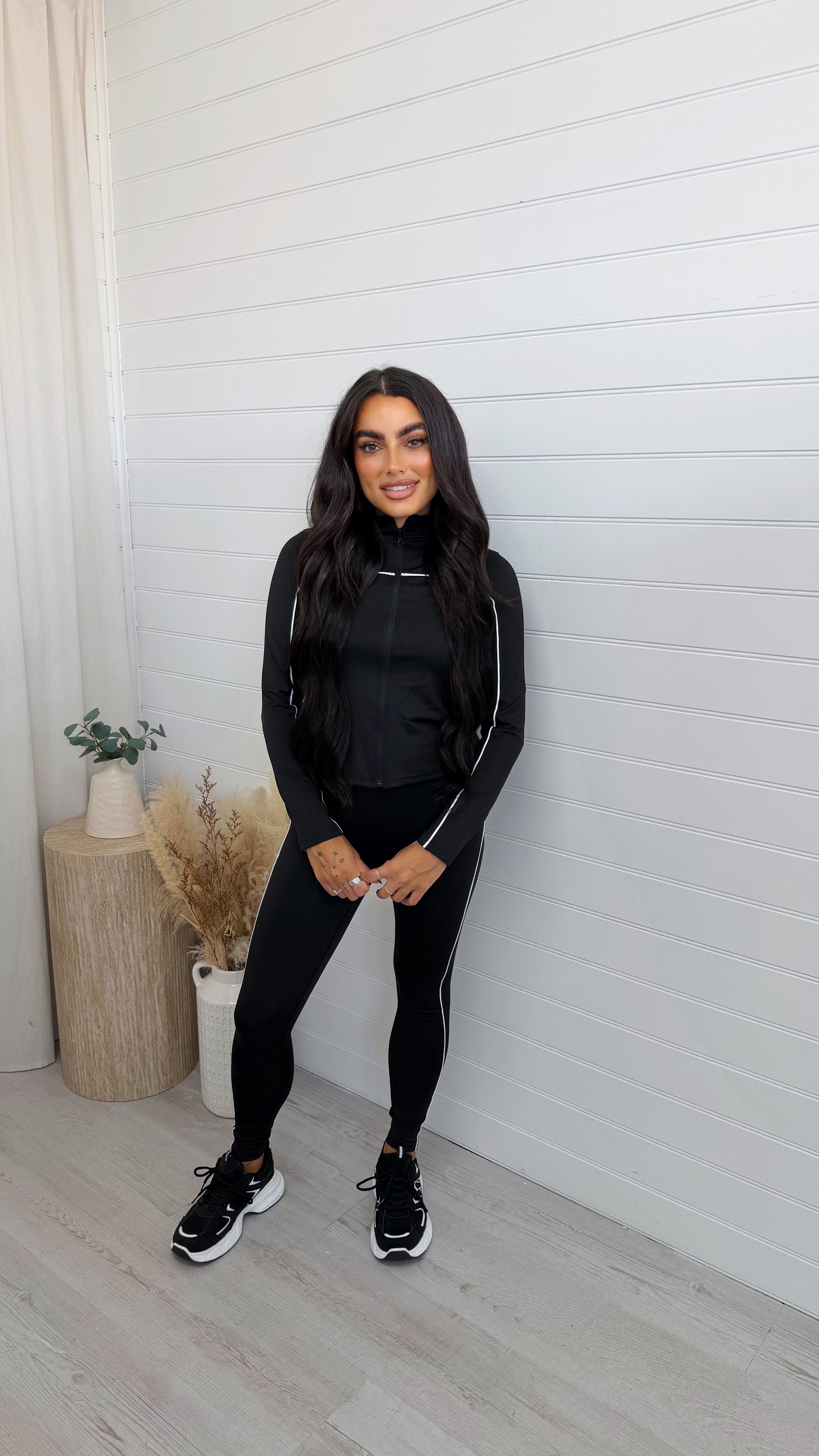 Piped Jacket and Leggings Activewear Set - BLACK