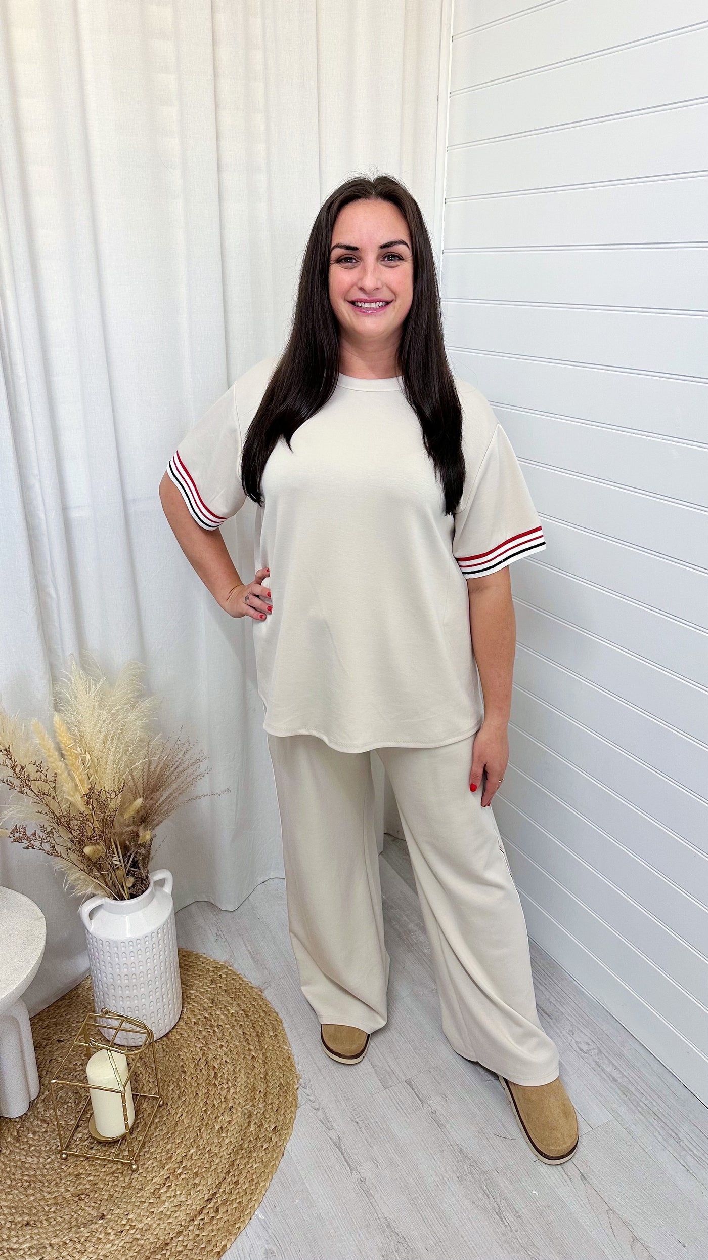 PLUS Side Stripe Plain T-Shirt and Joggers Co-Ord - BEIGE