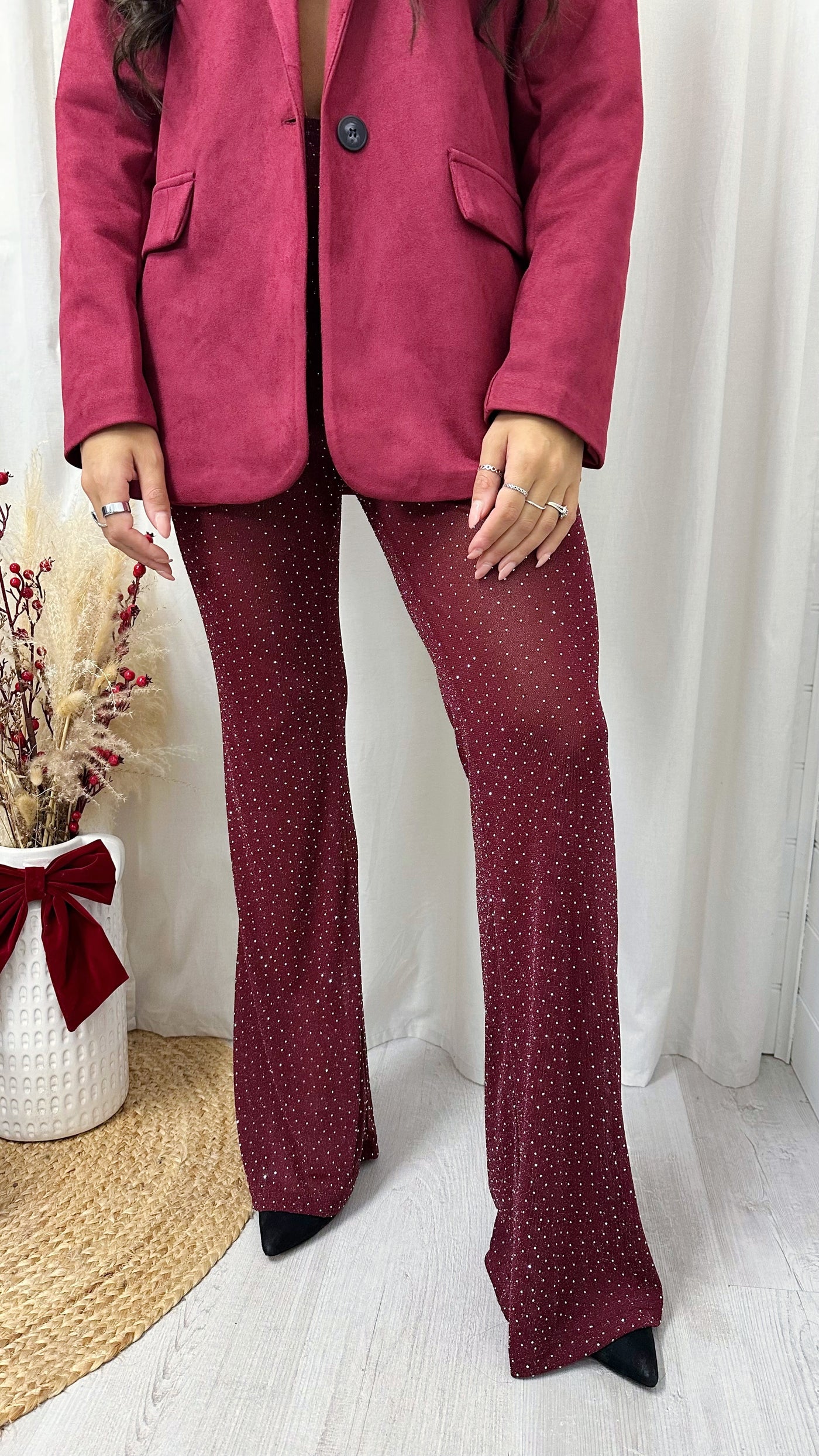 Rhinestone Mesh Flare Trousers - WINE
