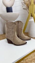 Embroidered Suede Cowboy Boots - DARK BEIGE