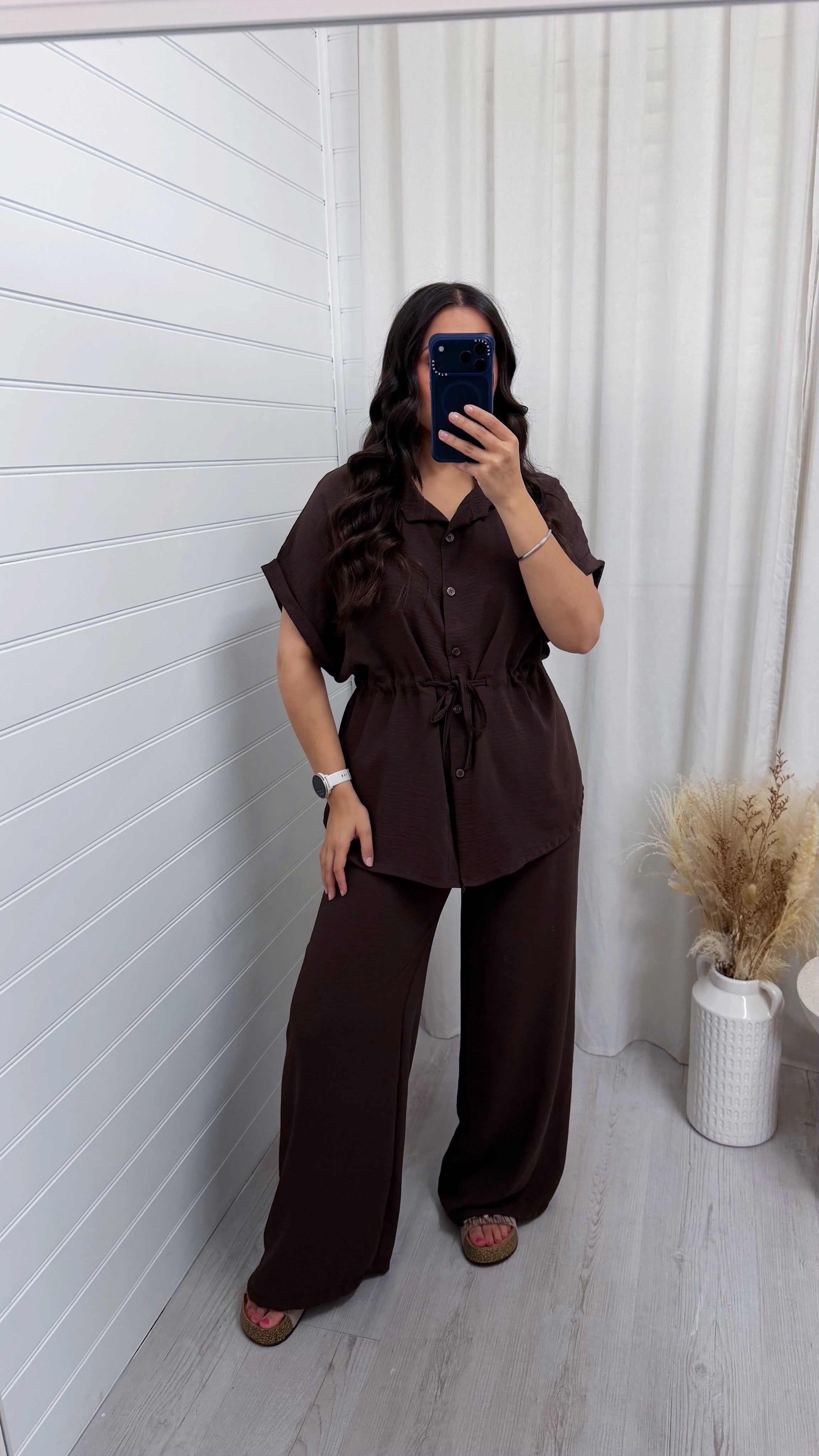 Cinched Shirt and Trousers Co-Ord - BROWN