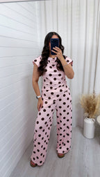Asymmetric Polka Dot Ruched Top and Trousers Co-Ord - PINK/BROWN