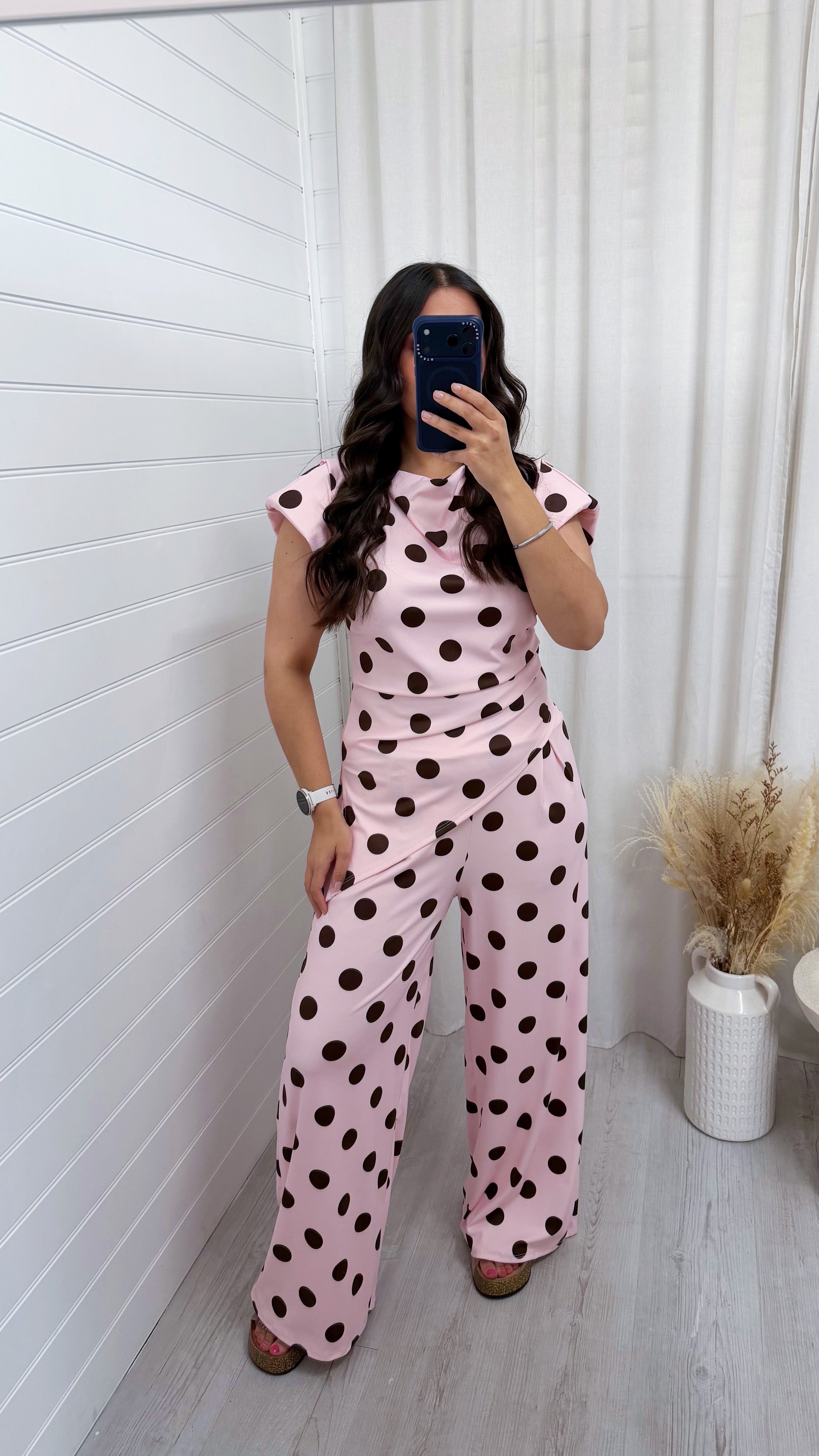 Asymmetric Polka Dot Ruched Top and Trousers Co-Ord - PINK/BROWN