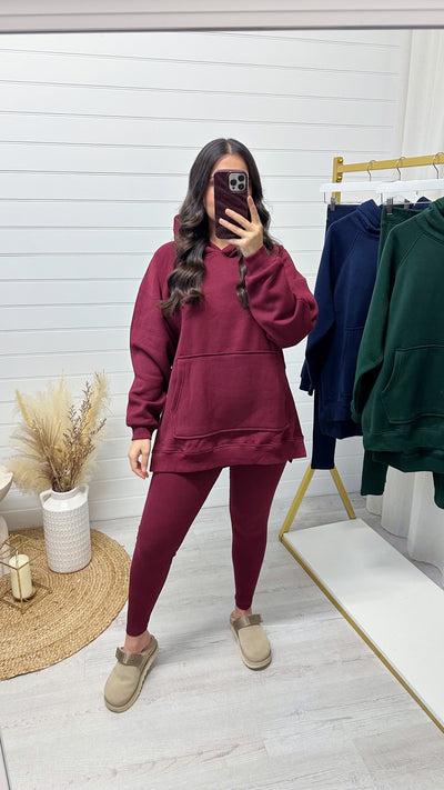 Side Slit Hoodie and Ribbed Leggings Co-Ord - WINE