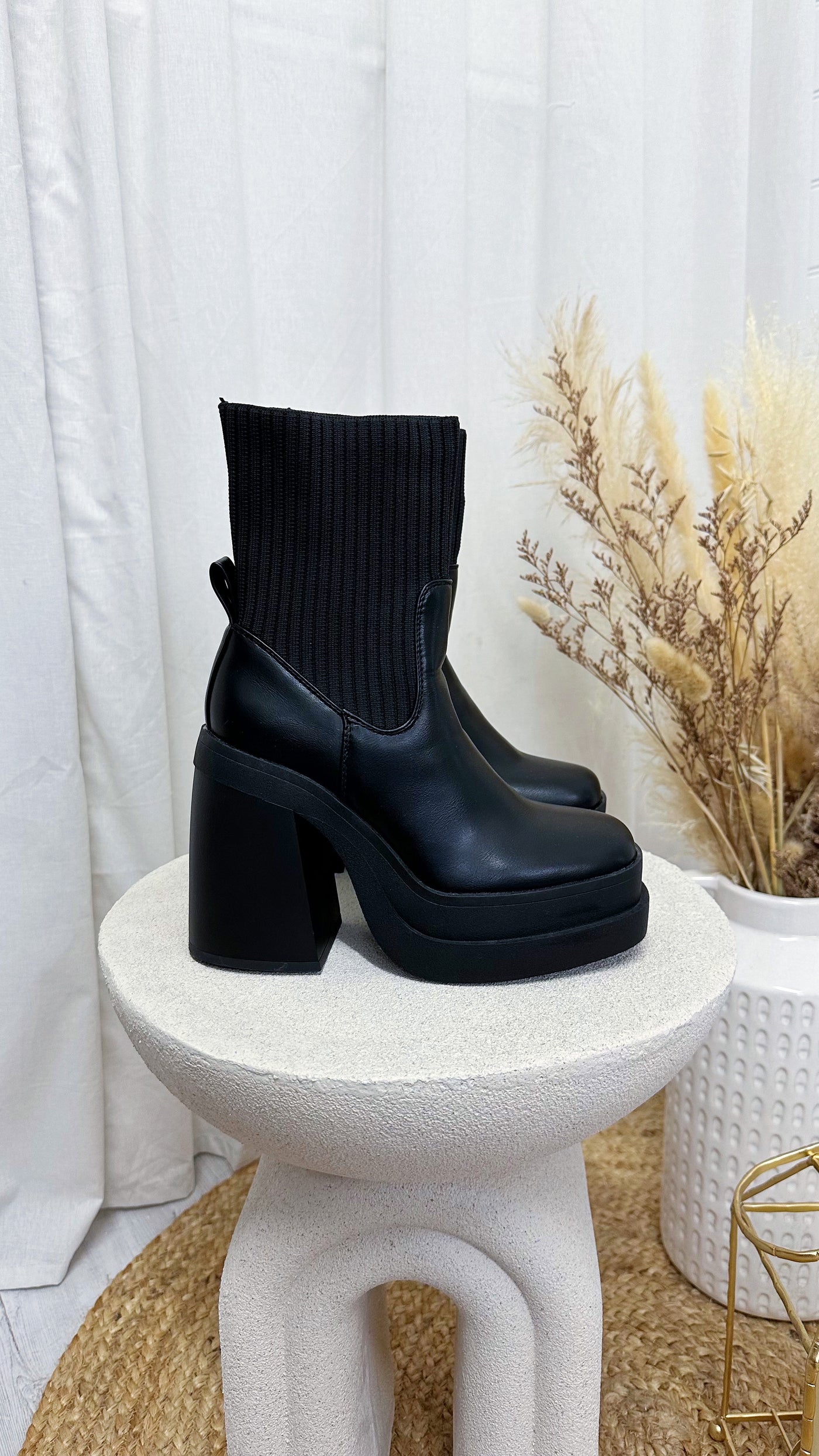 Chunky Platform Heel Sock Boots - BLACK