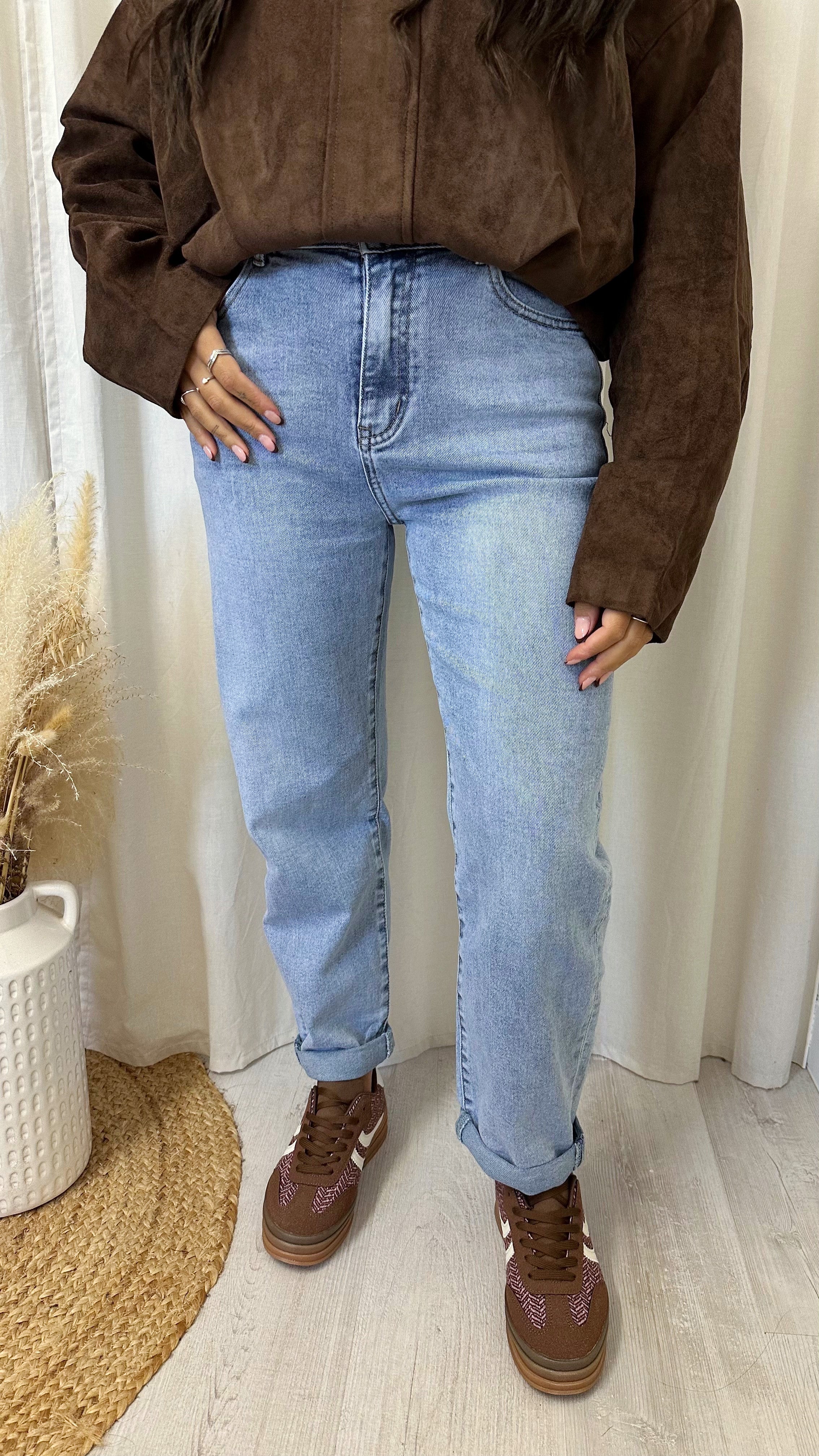 Barrel Fit Stretchy High Waisted Denim Jeans - BLUE