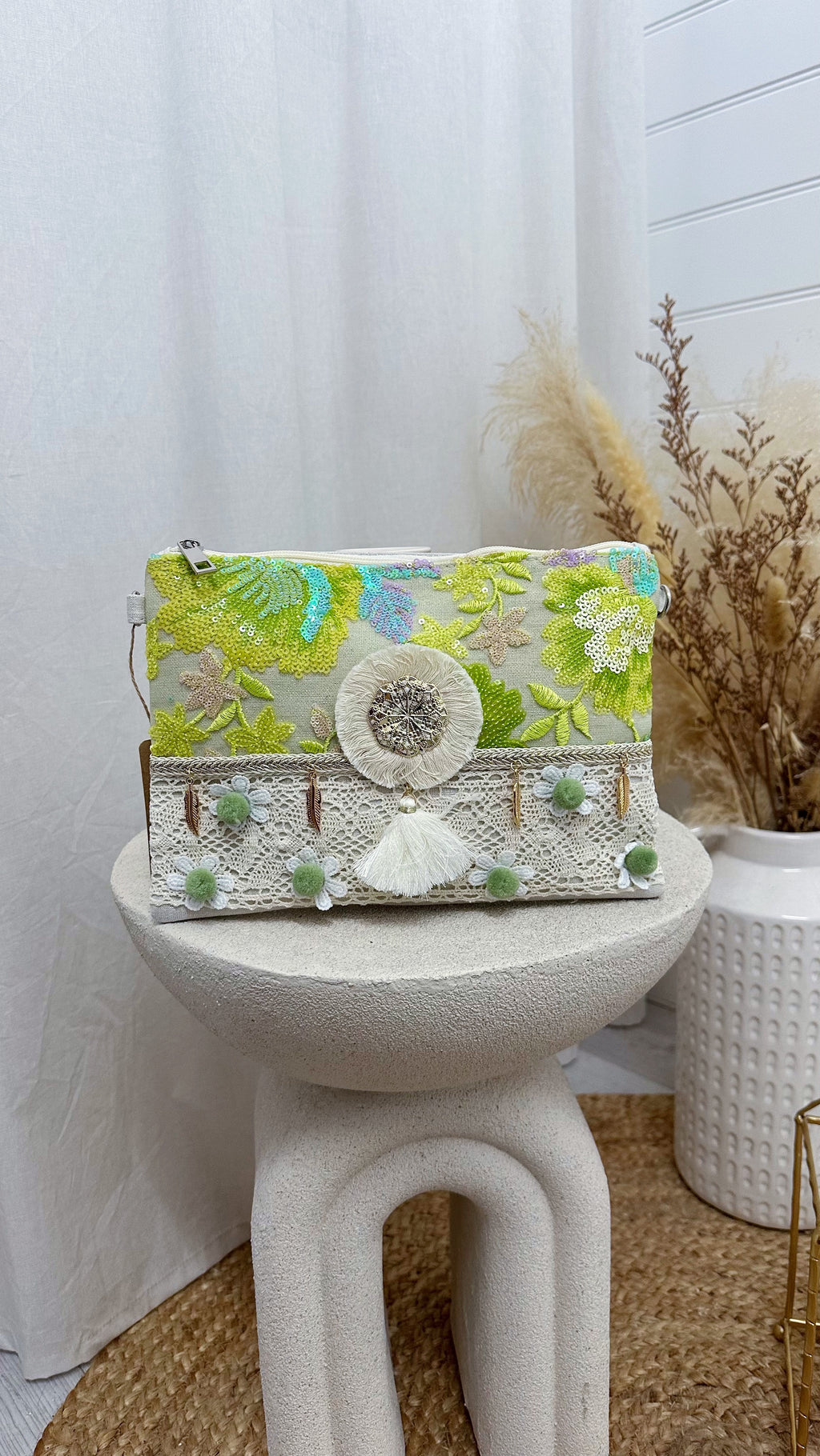 Lime Sequin Boho Clutch Bag