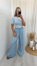 Pinstripe Wide Leg Trousers - LIGHT DENIM