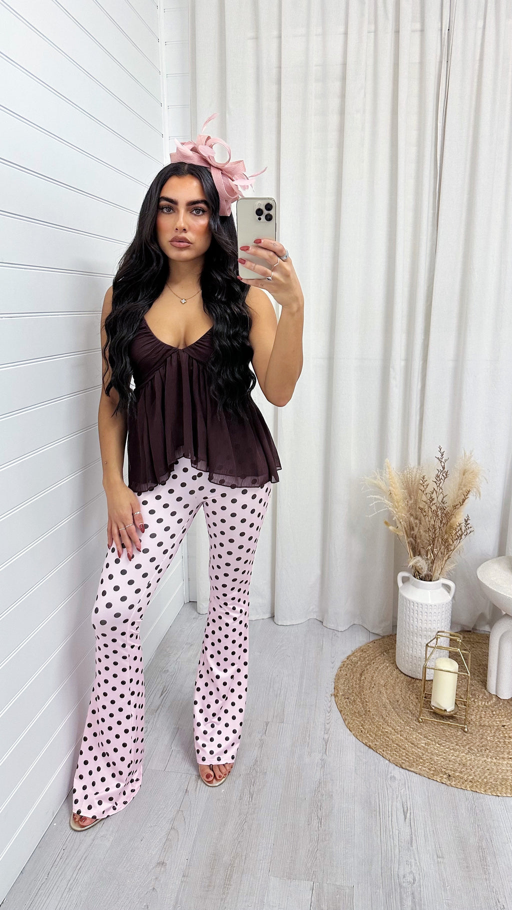 High Waisted Polka Dot Stretchy Flares - PINK/BROWN