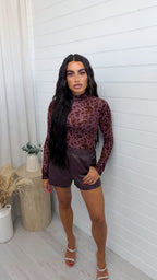Leopard Print Mesh Body Suit - PLUM