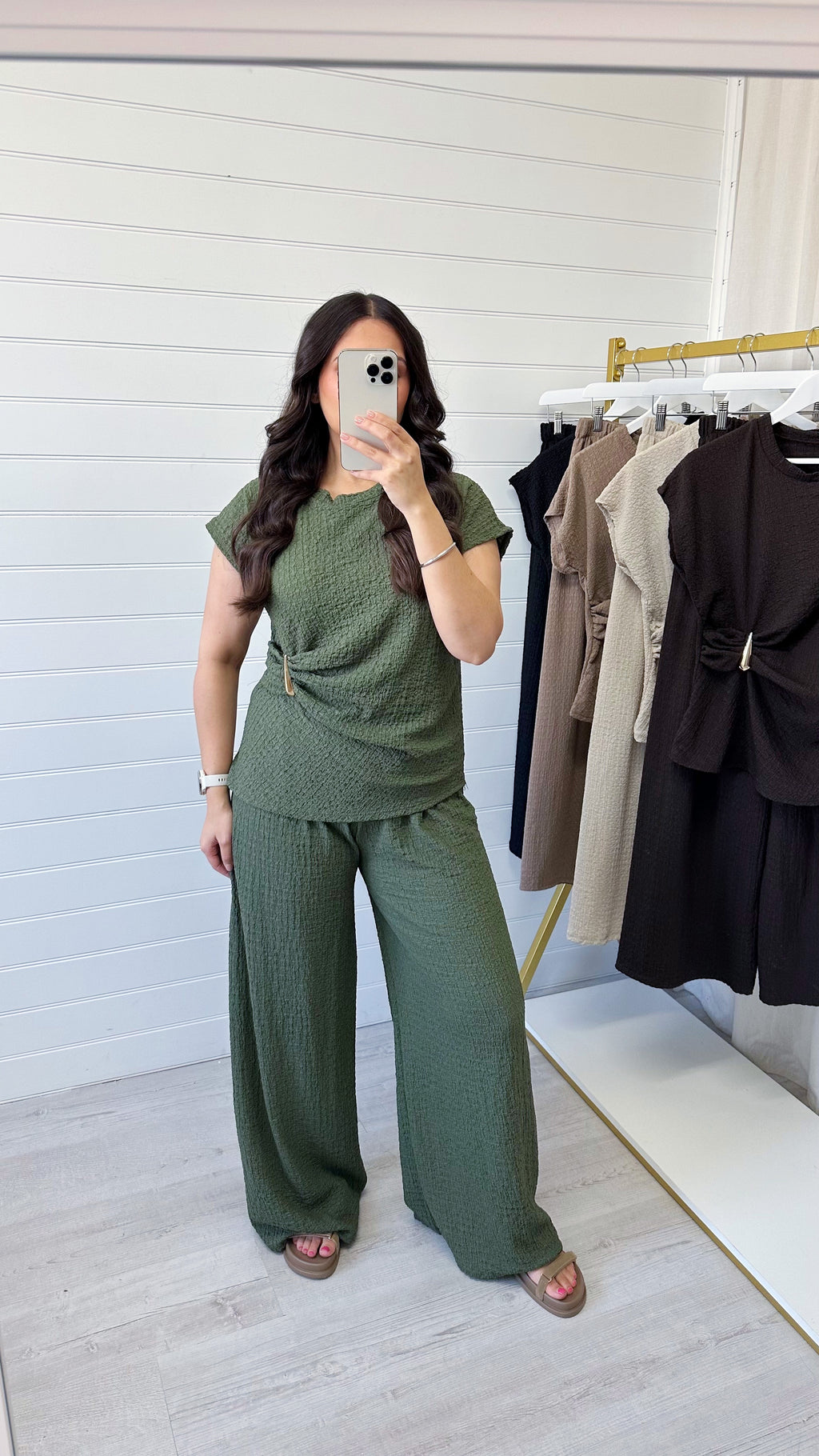 Gold Clasp Ruched Top and Wide Leg Trousers Co-Ord - KHAKI