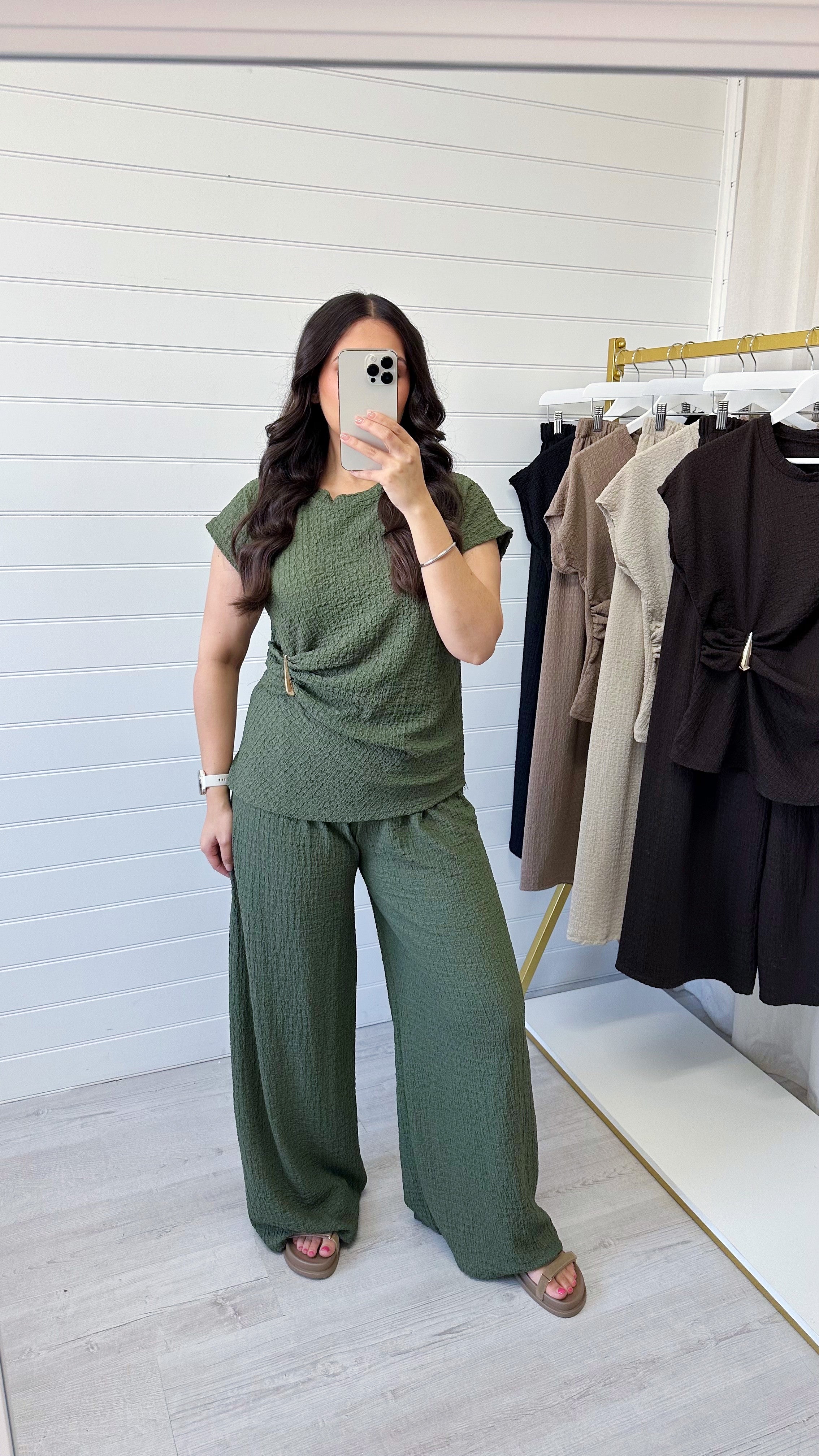 Gold Clasp Ruched Top and Wide Leg Trousers Co-Ord - KHAKI