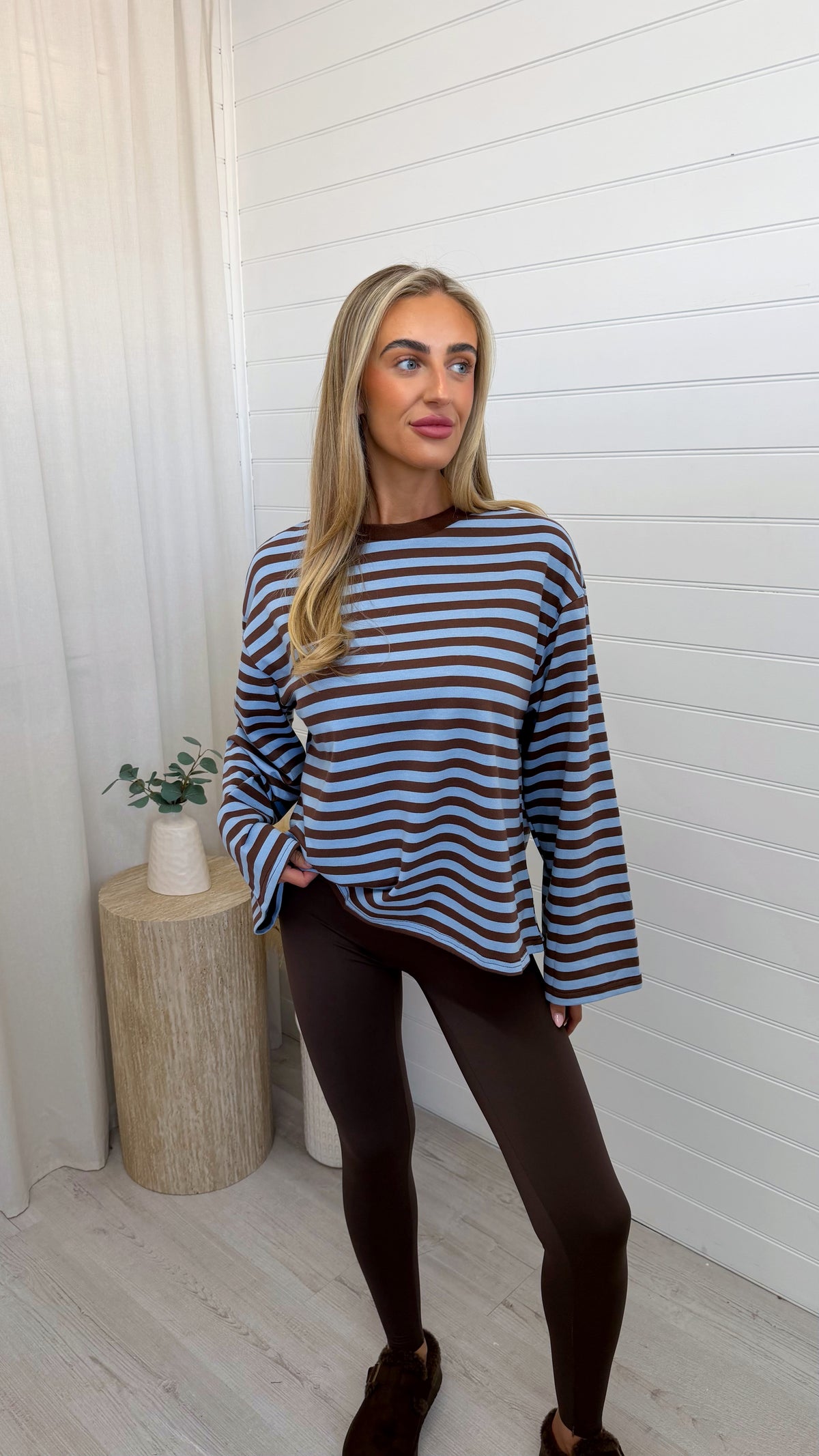 Relaxed Long Sleeve Stripe T-Shirt - BLUE/BROWN