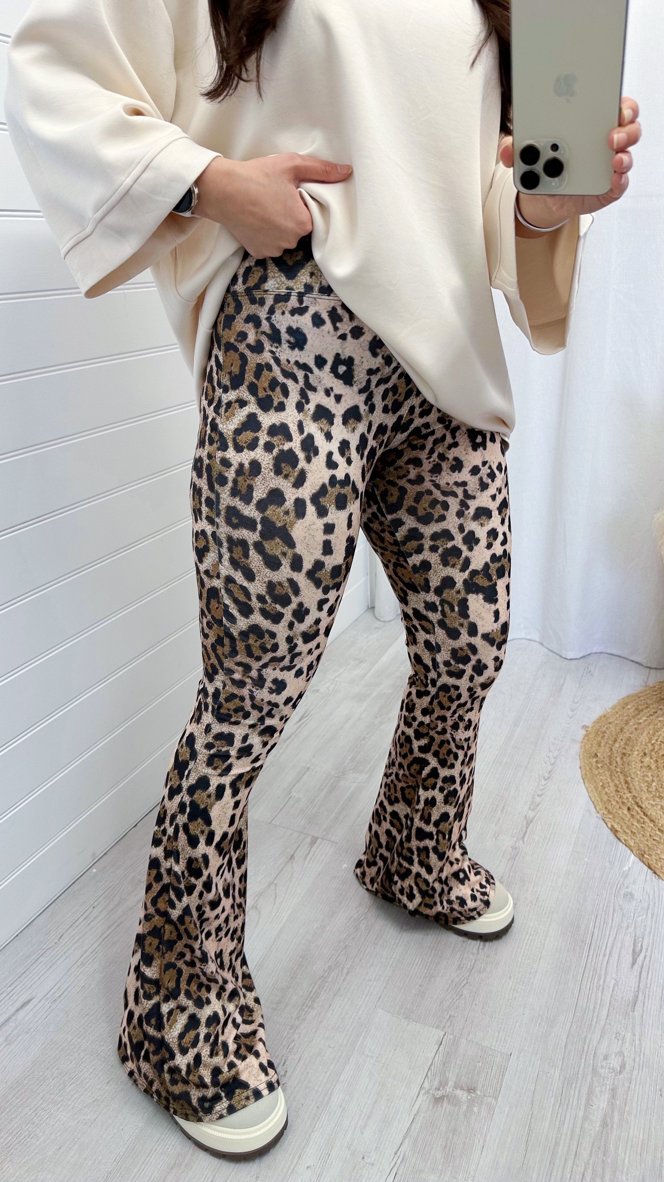 High Waisted Leopard Print Stretchy Flares - BEIGE
