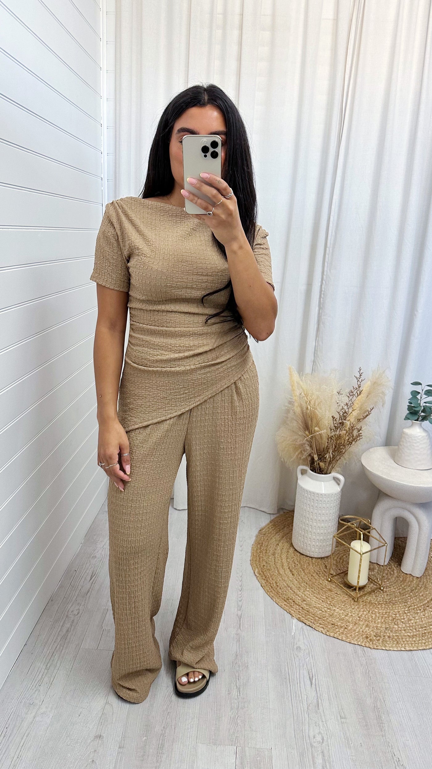 Cheesecloth Asymmetric Top and Trousers Co-Ord - TAUPE