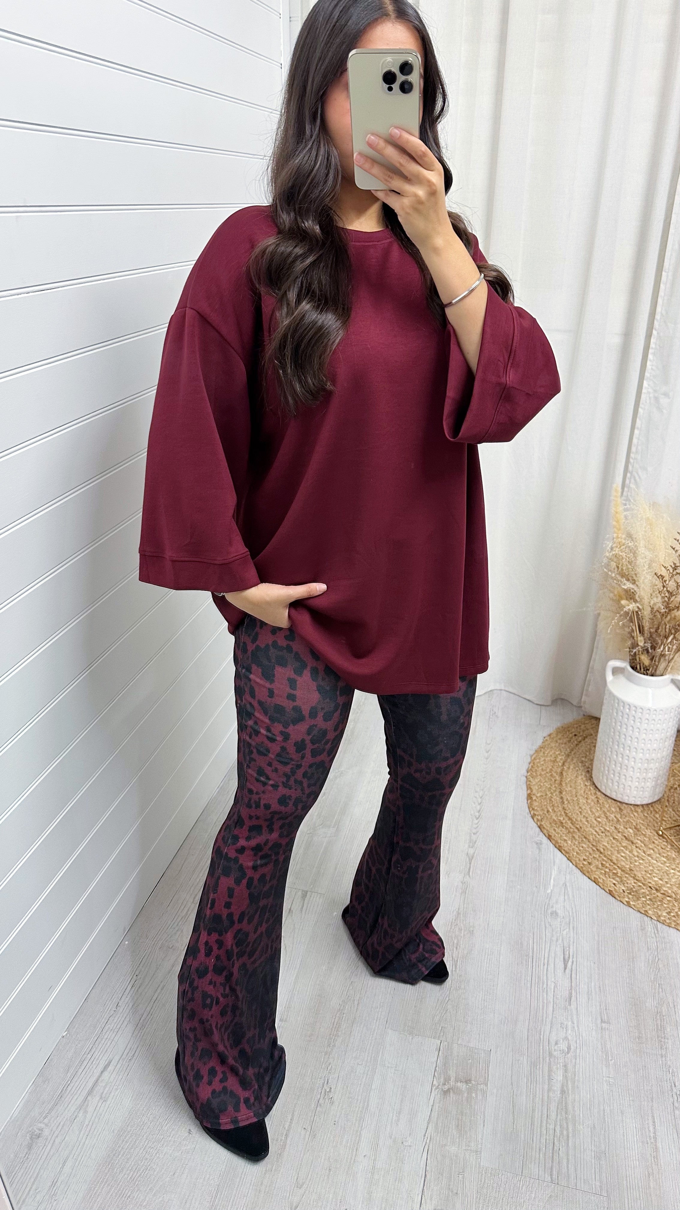 High Waisted Leopard Print Stretchy Flares - WINE