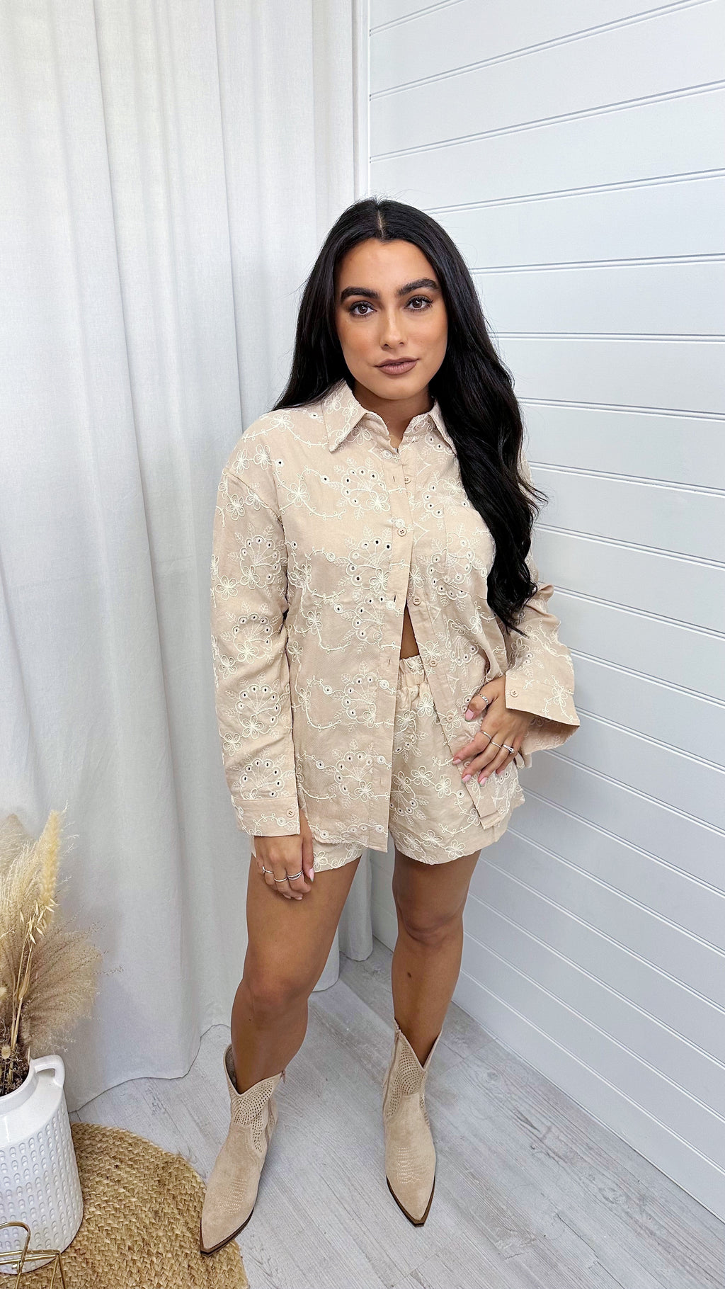 Embroidered Flower Pattern Shirt and Shorts Co-Ord - BEIGE