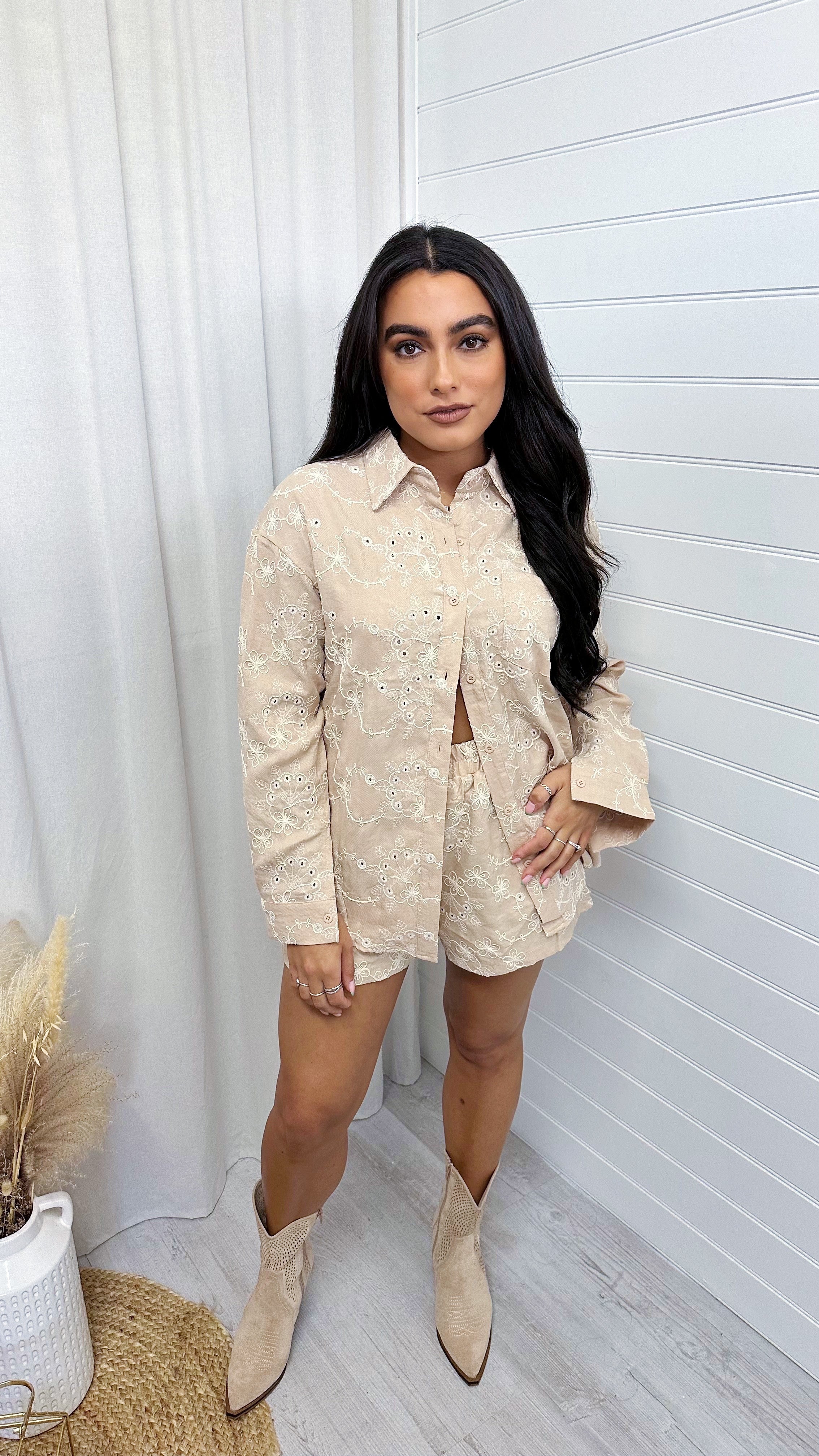 Embroidered Flower Pattern Shirt and Shorts Co-Ord - BEIGE