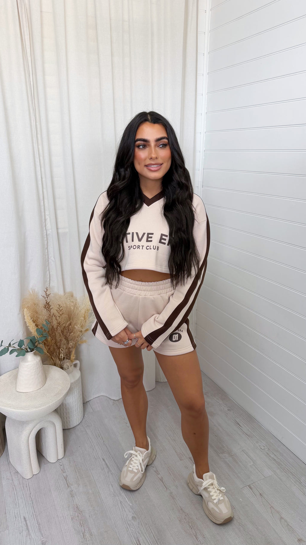 Racer Graphic Crop Sweatshirt and Shorts Co-Ord - BEIGE