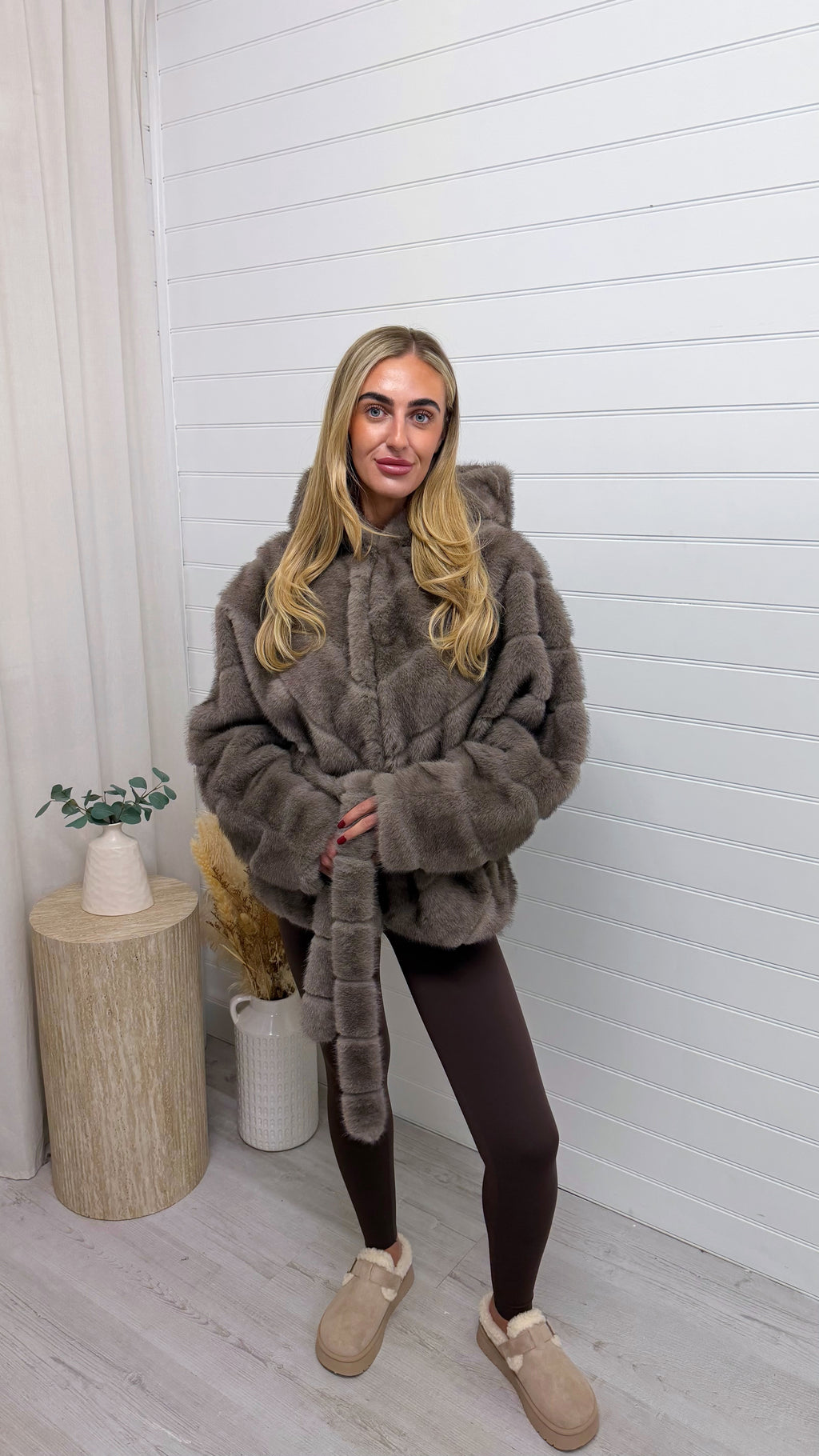 Hooded Faux Fur Coat with Belt - TAUPE