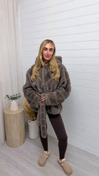 Hooded Faux Fur Coat with Belt - TAUPE