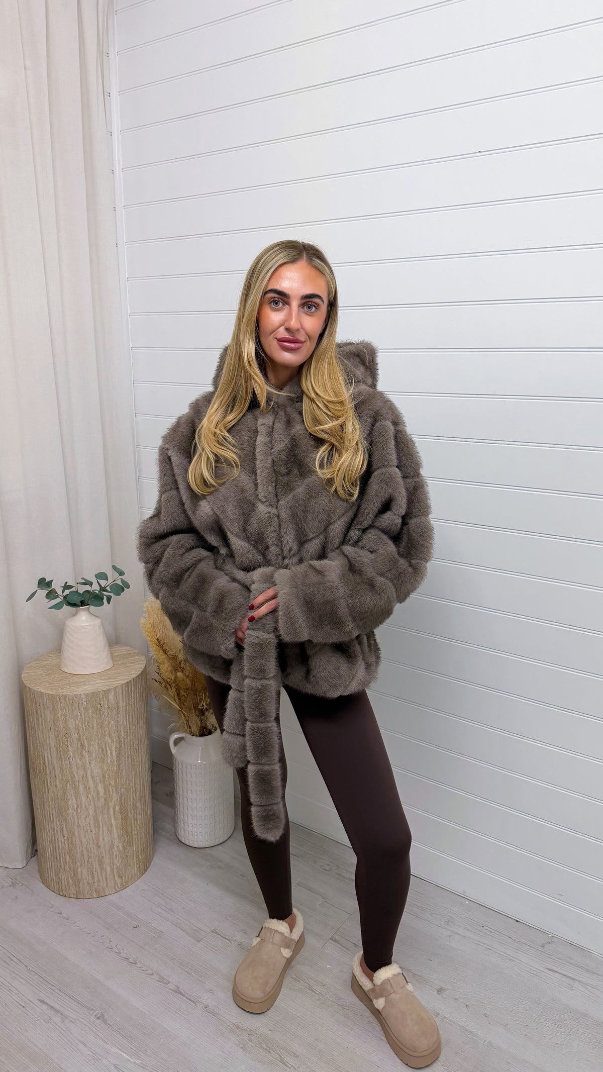 Hooded Faux Fur Coat with Belt - TAUPE
