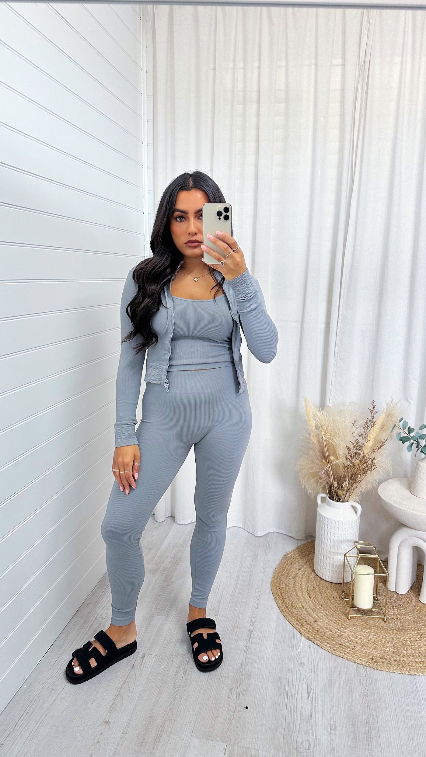 3 Piece Jacket, Crop Top and Leggings Active Set - GREY