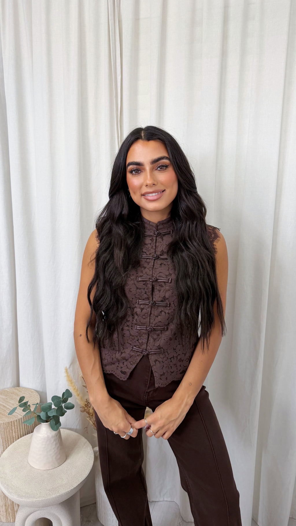 Lace Button Down Waistcoat - BROWN