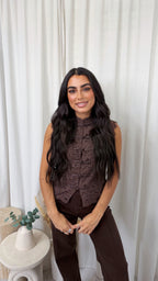 Lace Button Down Waistcoat - BROWN
