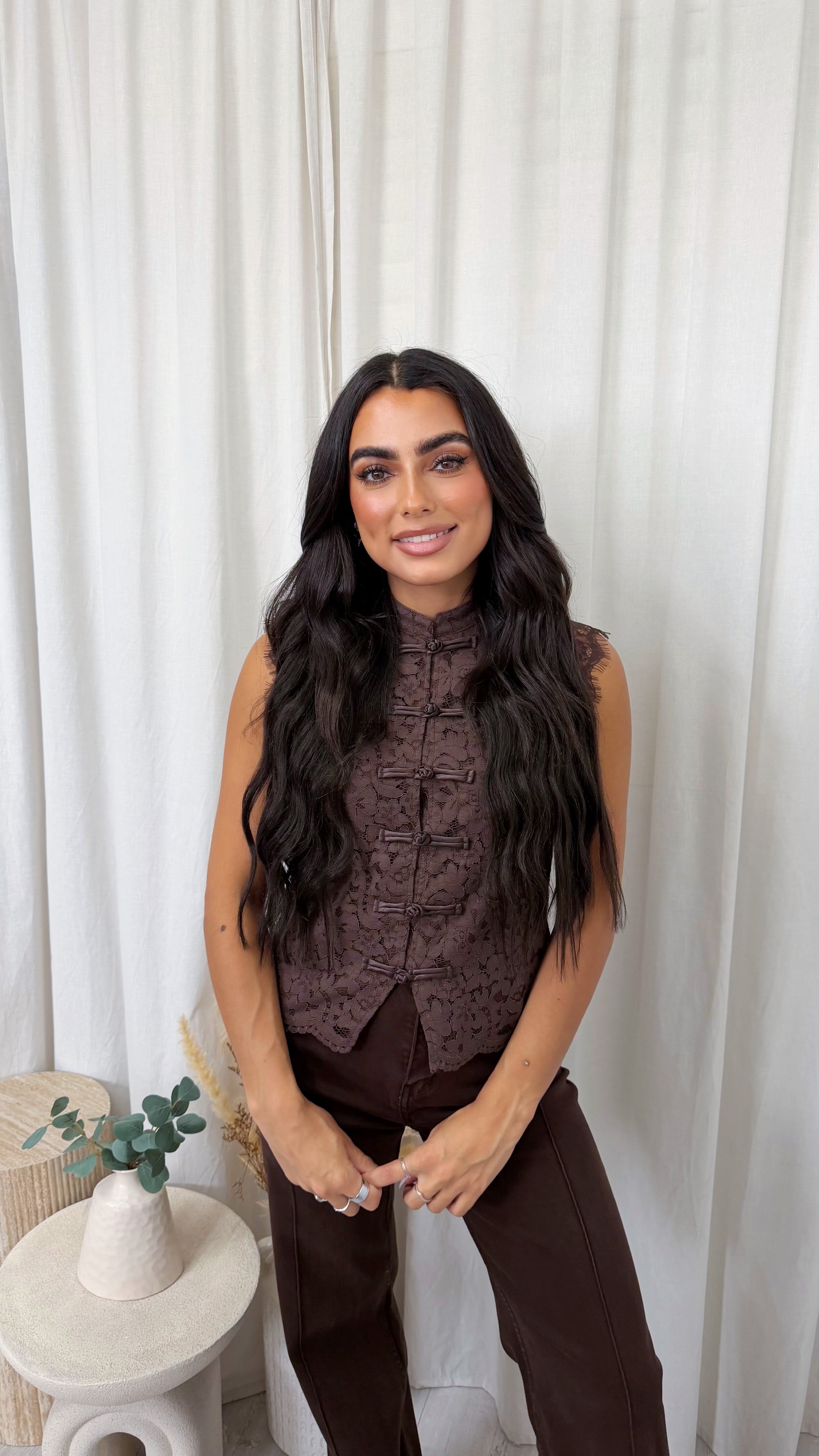 Lace Button Down Waistcoat - BROWN