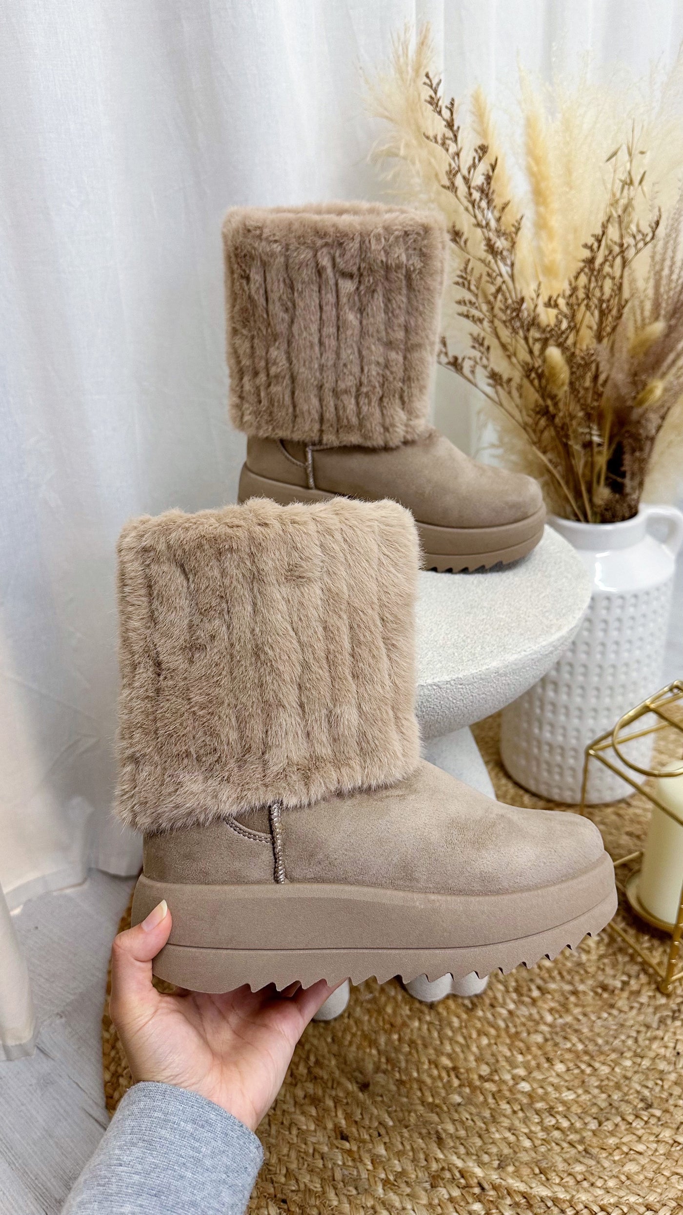 Faux Fur Calf Length Boots - BEIGE