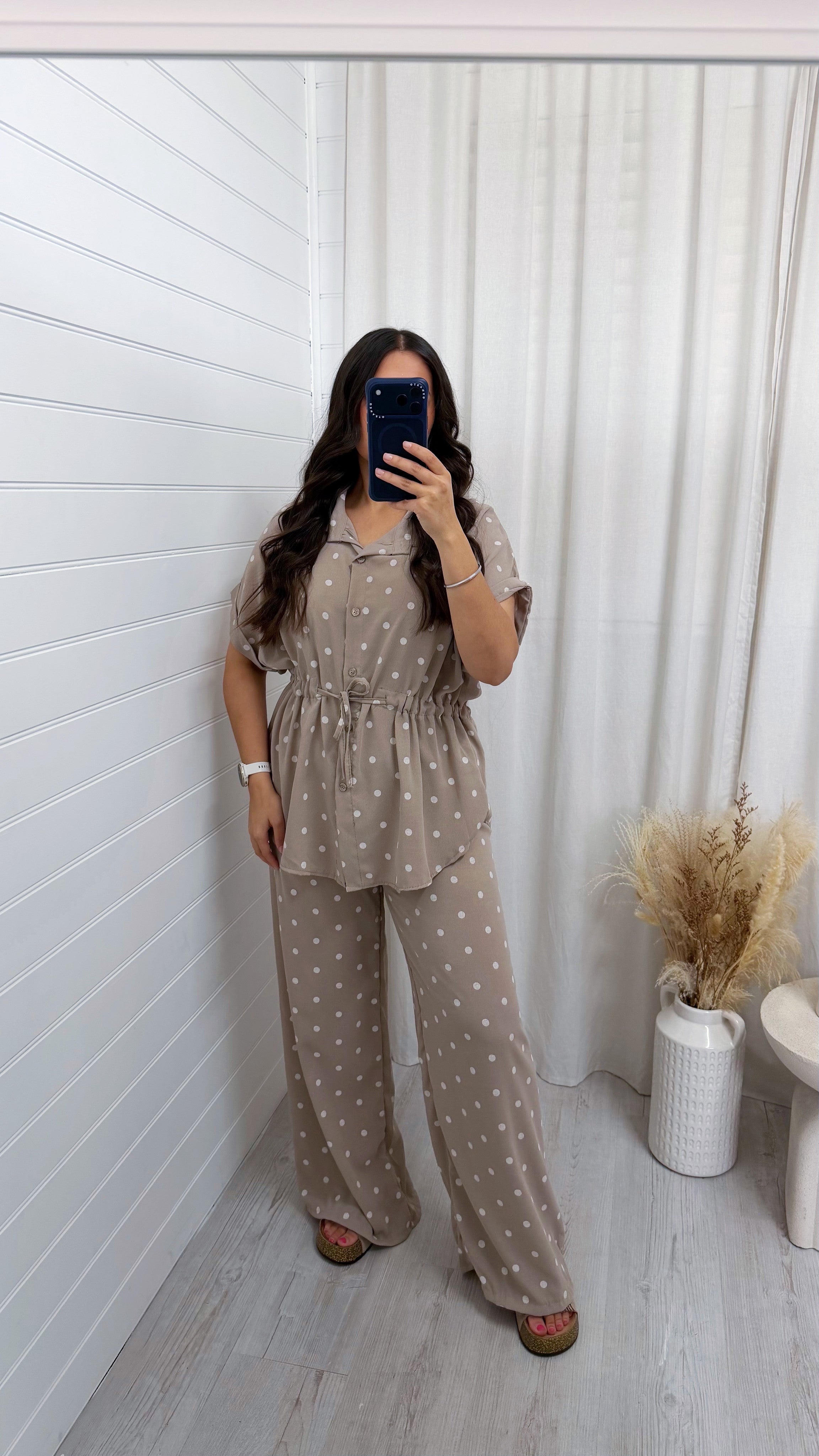 Polka Dot Cinched Shirt and Trousers Co-Ord - TAUPE