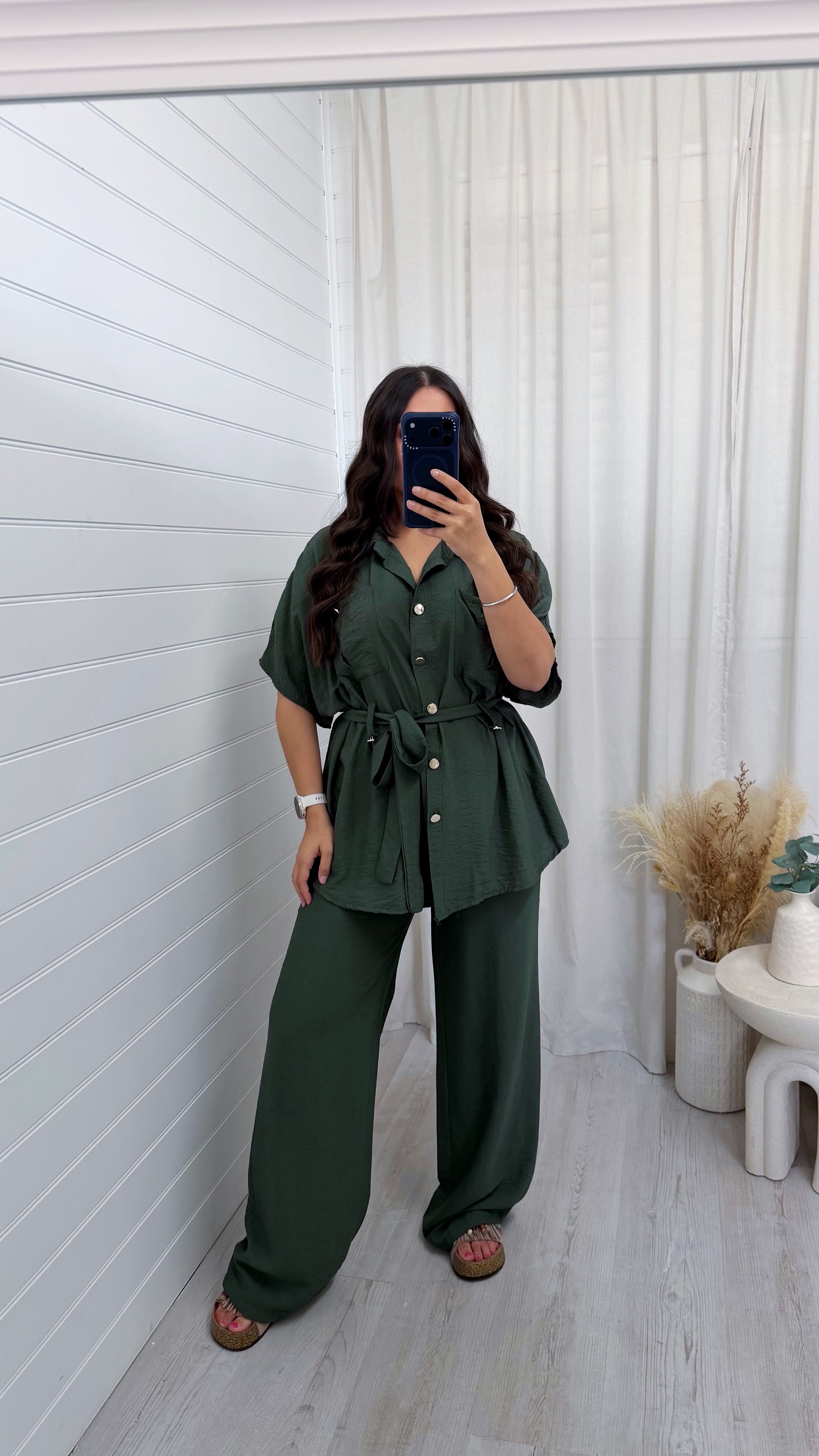 Gold Button Belted Shirt and Trousers Co-Ord - KHAKI