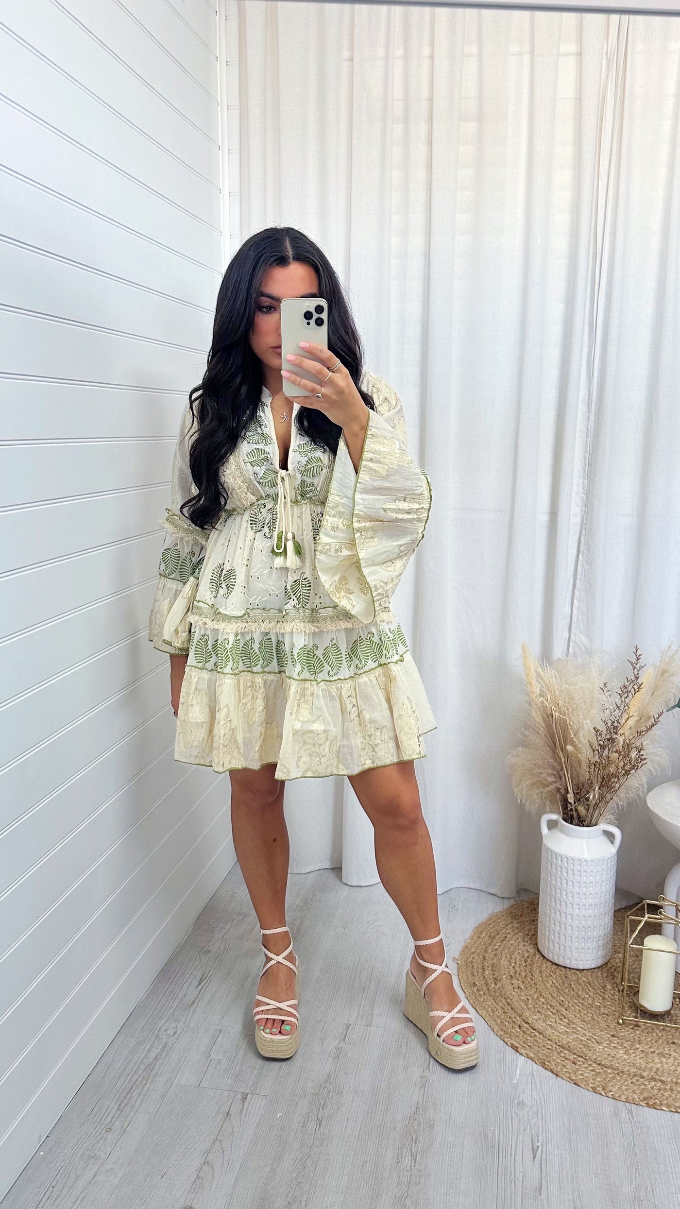 Leaf Print Foil Boho Dress - CREAM/GREEN