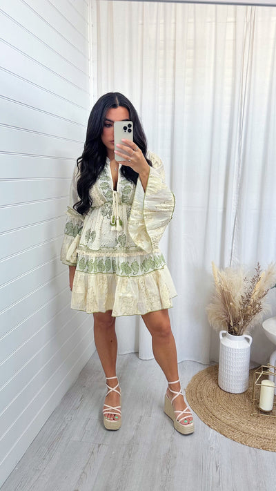 Leaf Print Foil Boho Dress - CREAM/GREEN