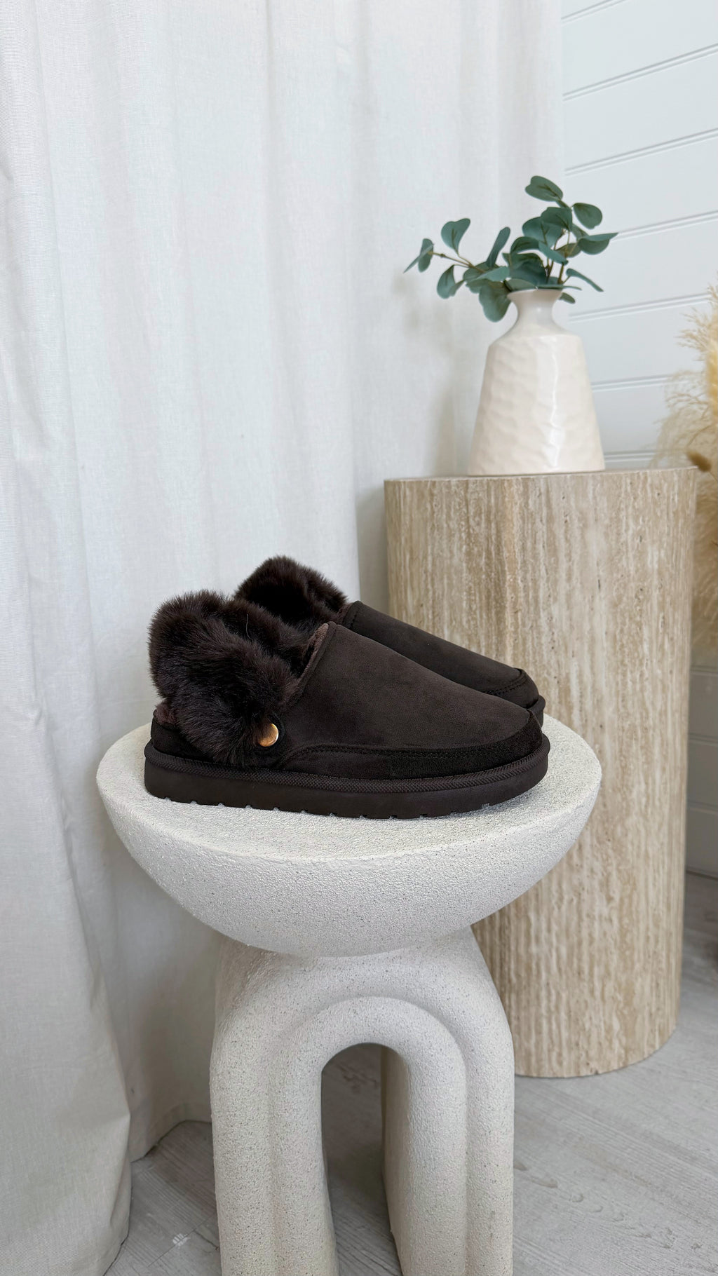 Faux Fur Strap Mule - BROWN