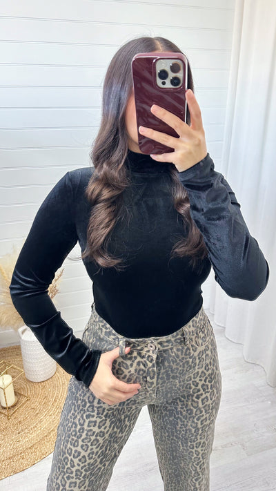 High Neck Velvet Long Sleeve Top - BLACK