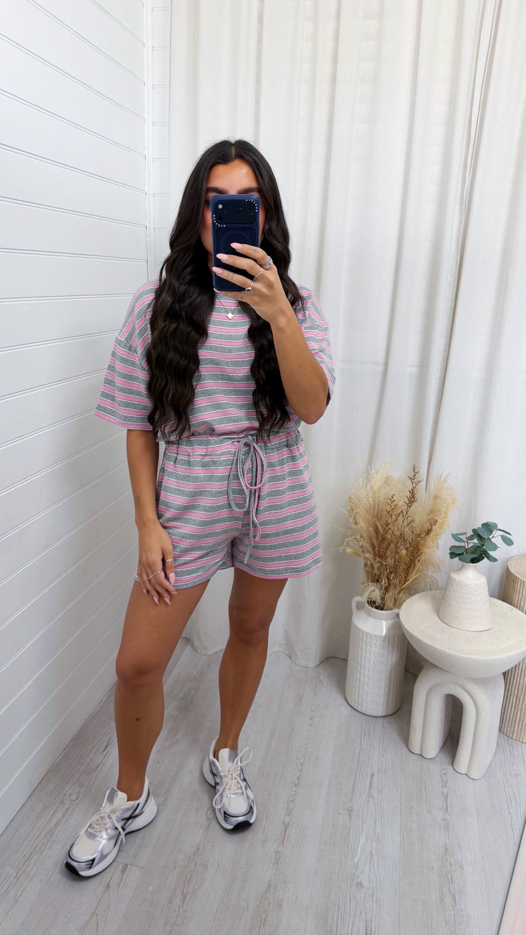 Oversized Stripe T-Shirt and Shorts Co-Ord - GREY