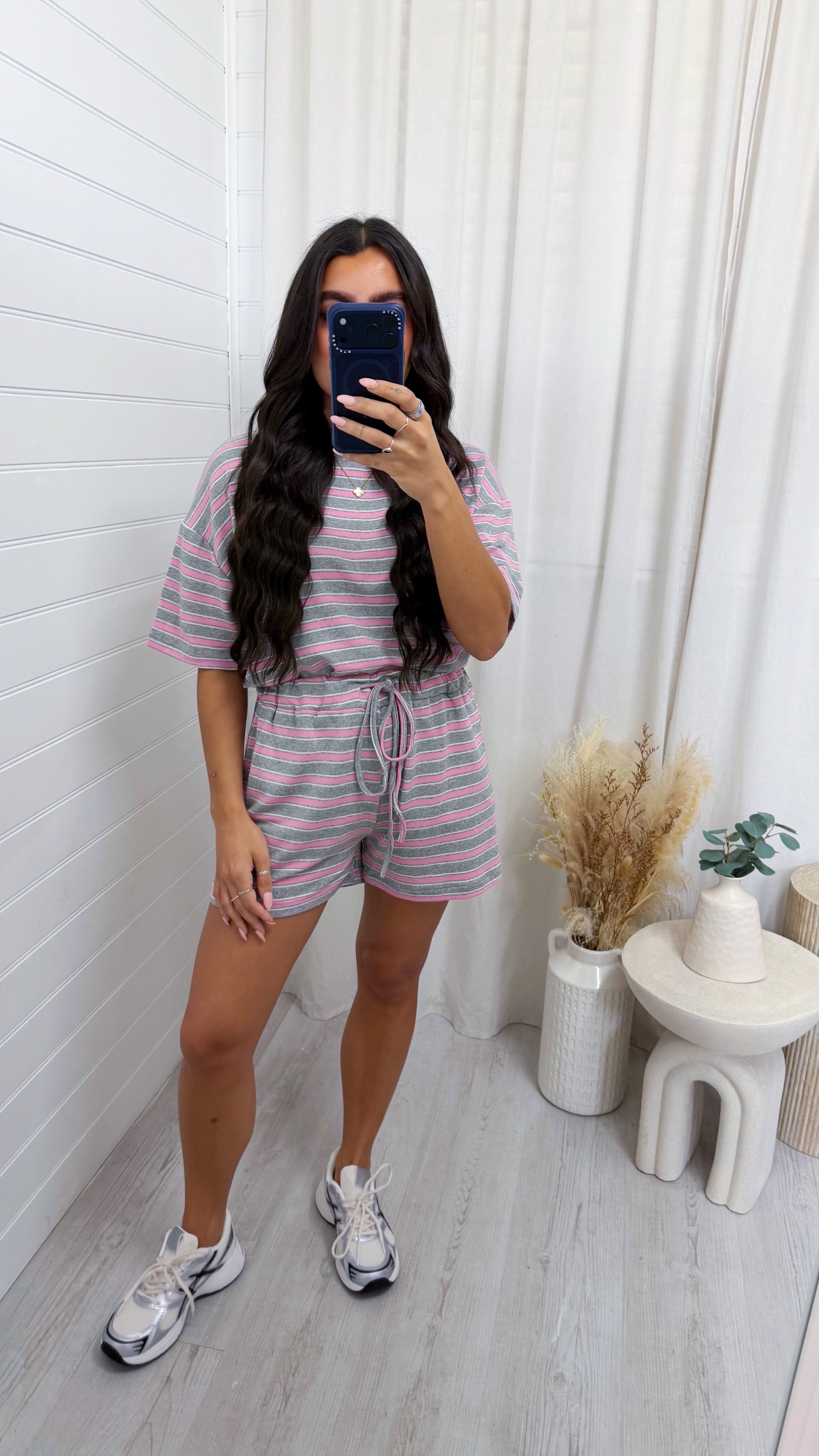 Oversized Stripe T-Shirt and Shorts Co-Ord - GREY