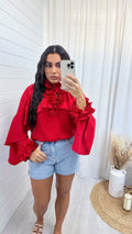 Ruffle High Neck Blouse - RED