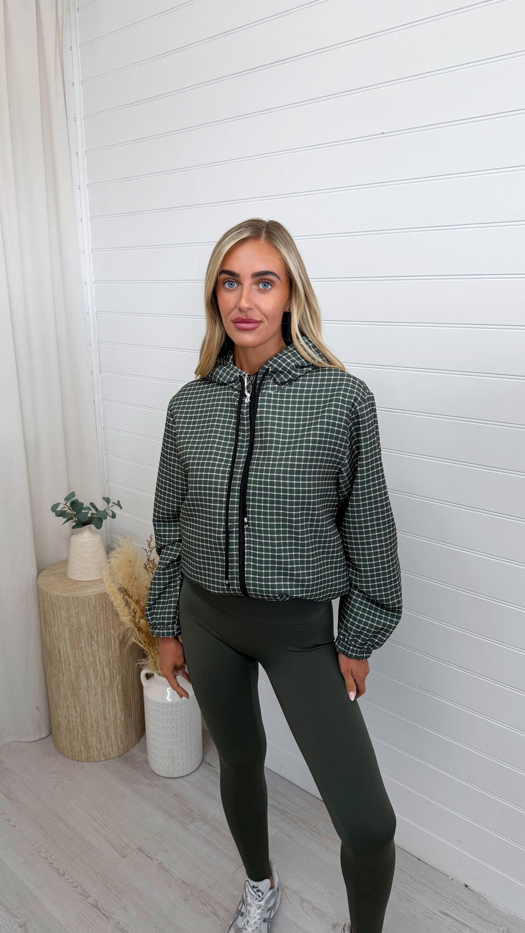 Hooded Check Bomber Jacket - KHAKI