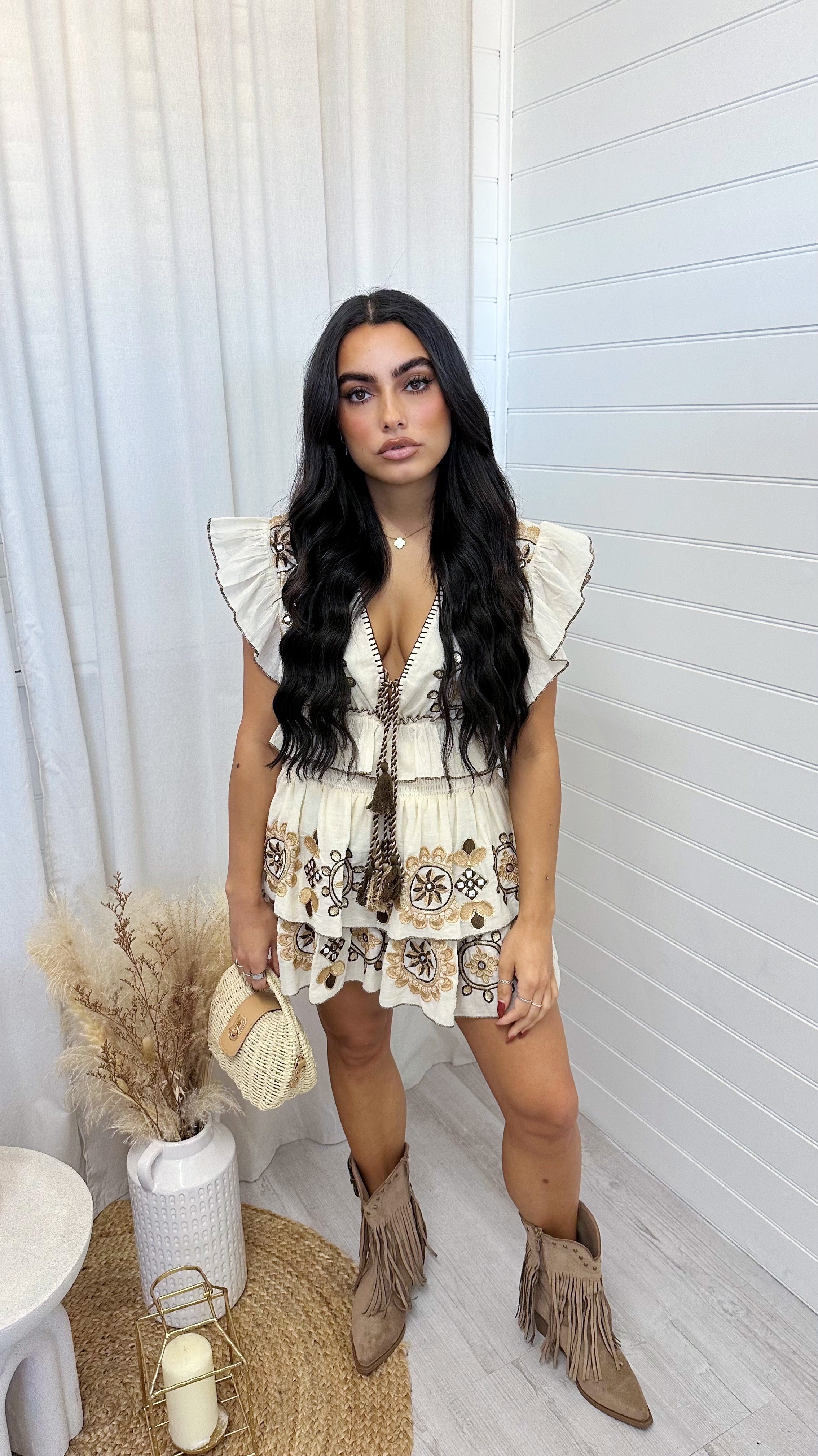 Boho Embroidered Top and Skirt Co-Ord - BEIGE