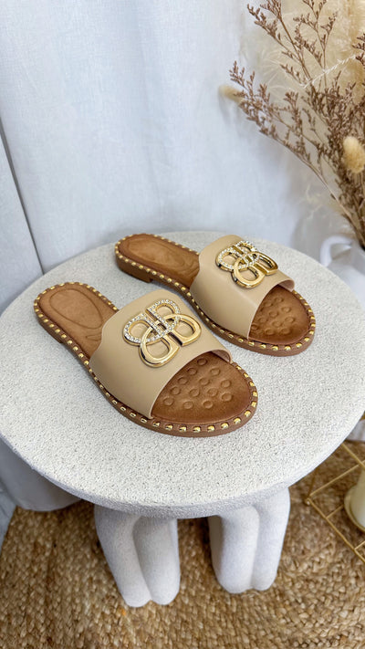 Gold Studded Diamante Sliders - TAUPE