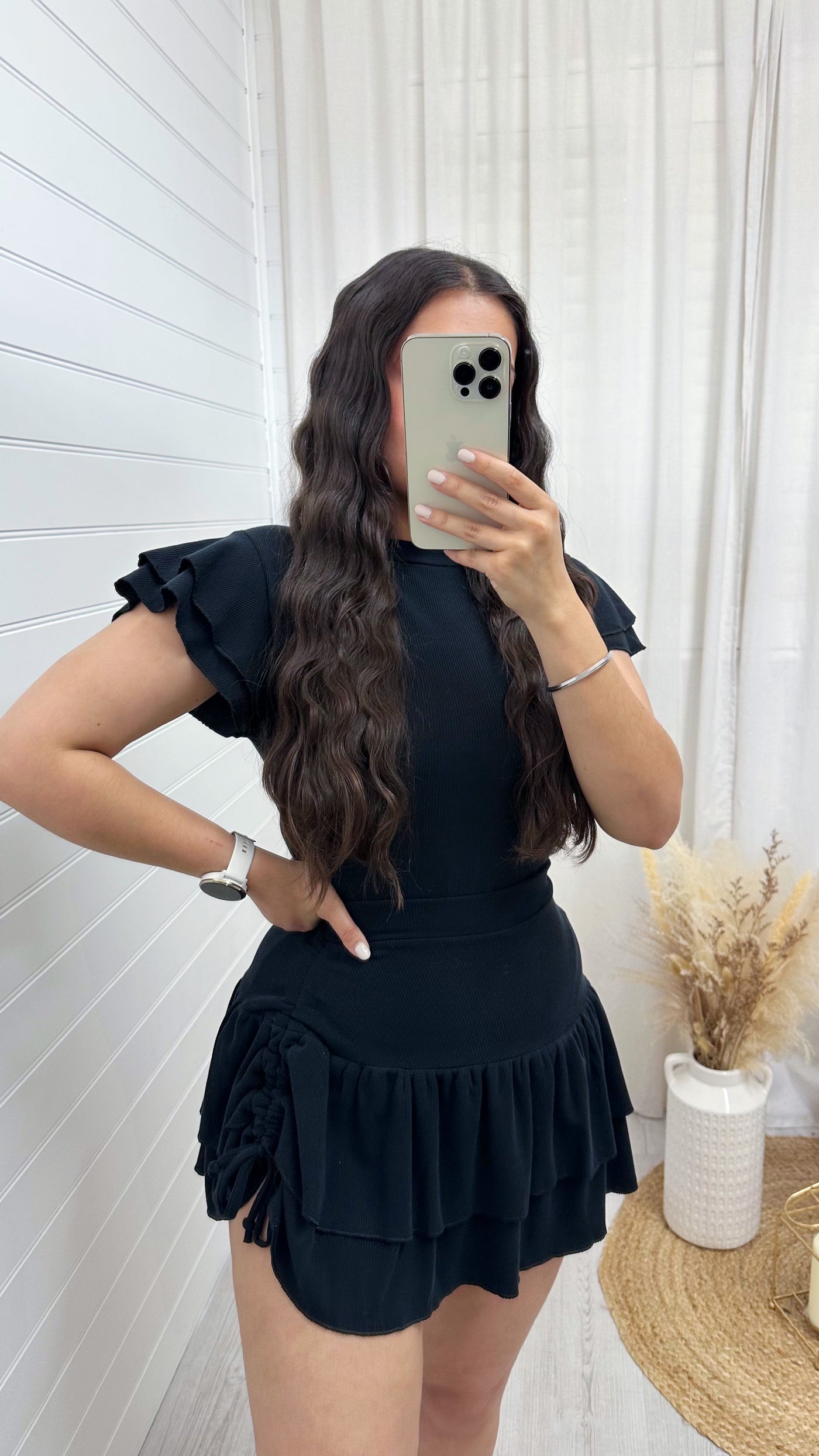 Frill Sleeve Top and Frill Ruched Skirt Co-Ord - BLACK