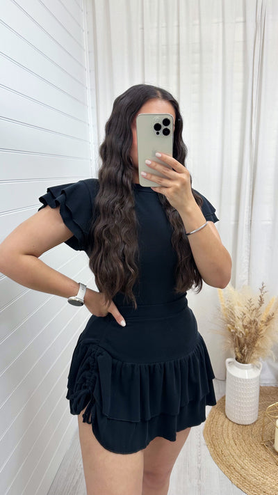 Frill Sleeve Top and Frill Ruched Skirt Co-Ord - BLACK