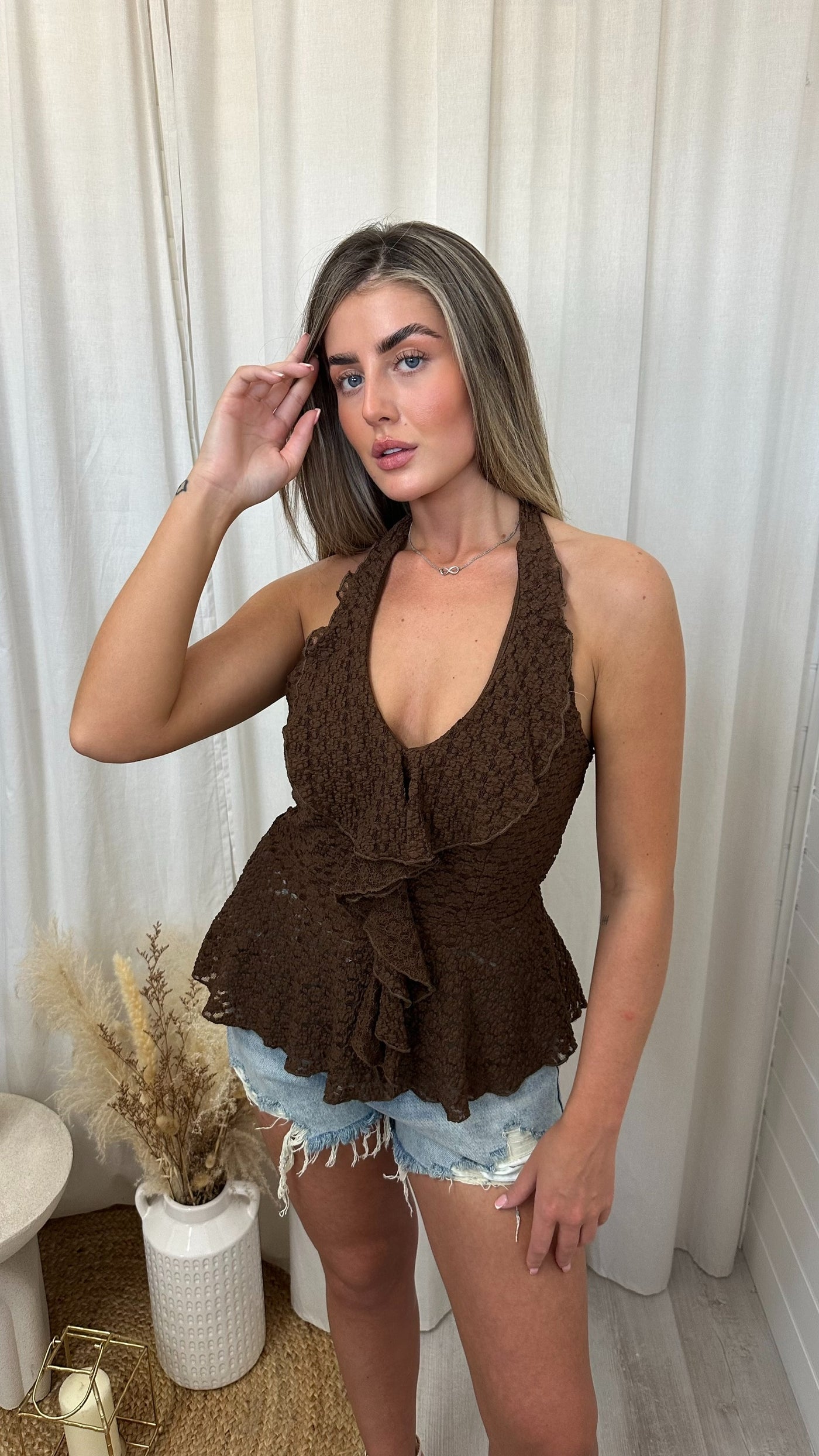 Ruffle Front Halter Neck Lace Top - BROWN