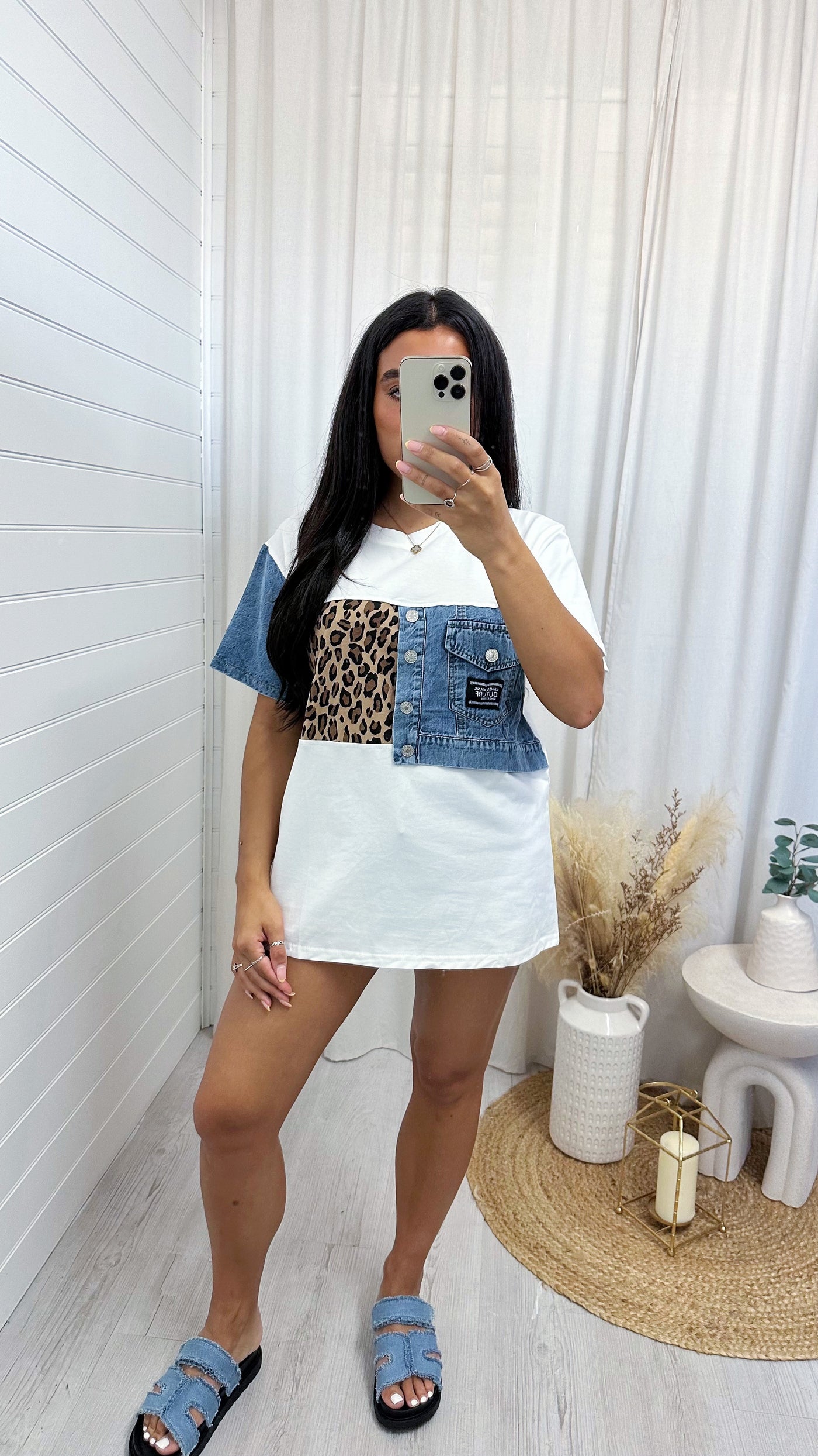 Oversized Leopard Print Denim Panel T-Shirt - WHITE