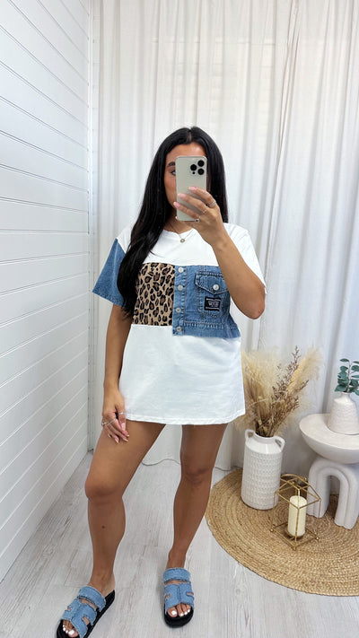Oversized Leopard Print Denim Panel T-Shirt - WHITE
